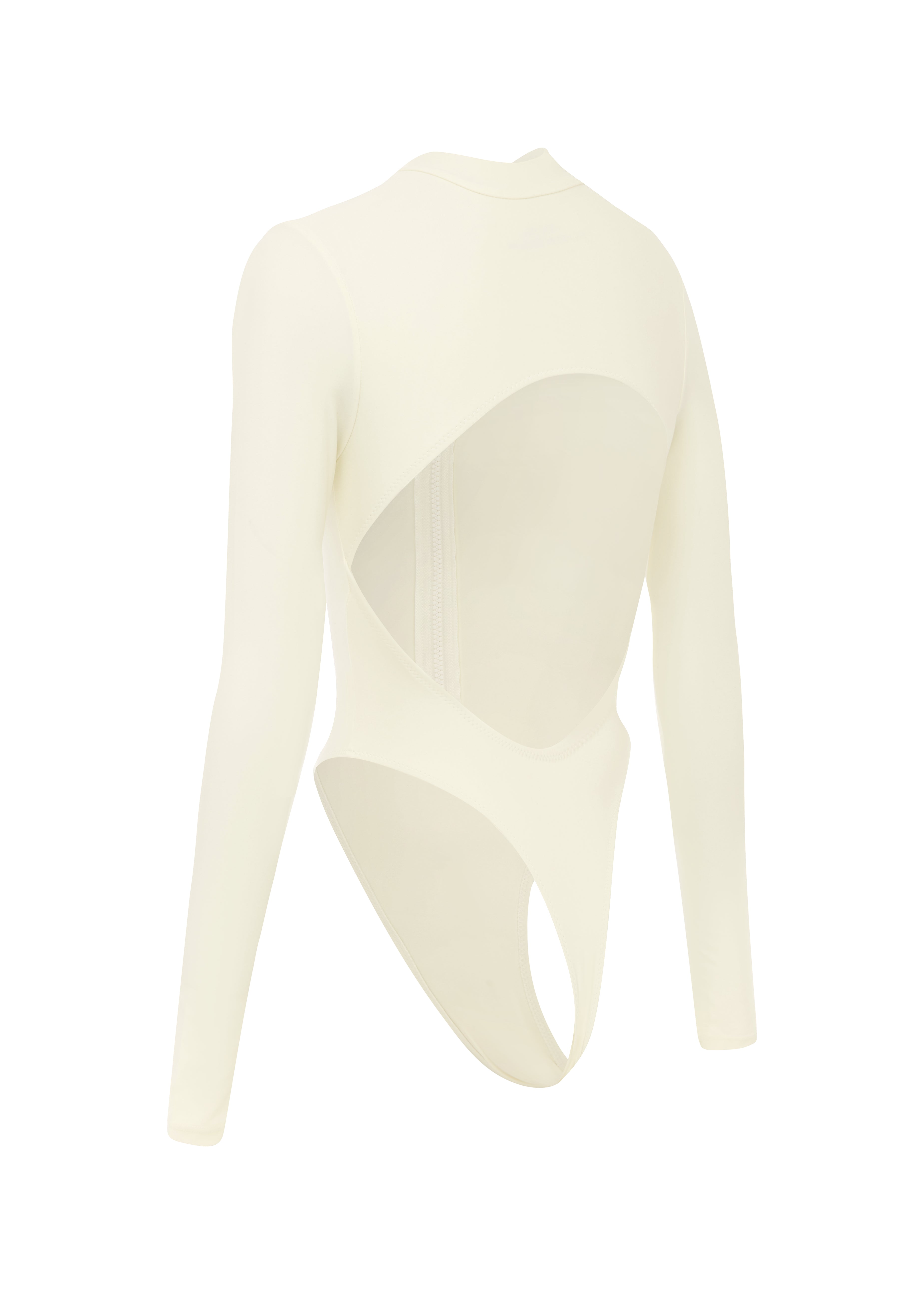 Cut out of white long sleeve backless swimsuit on a white background.