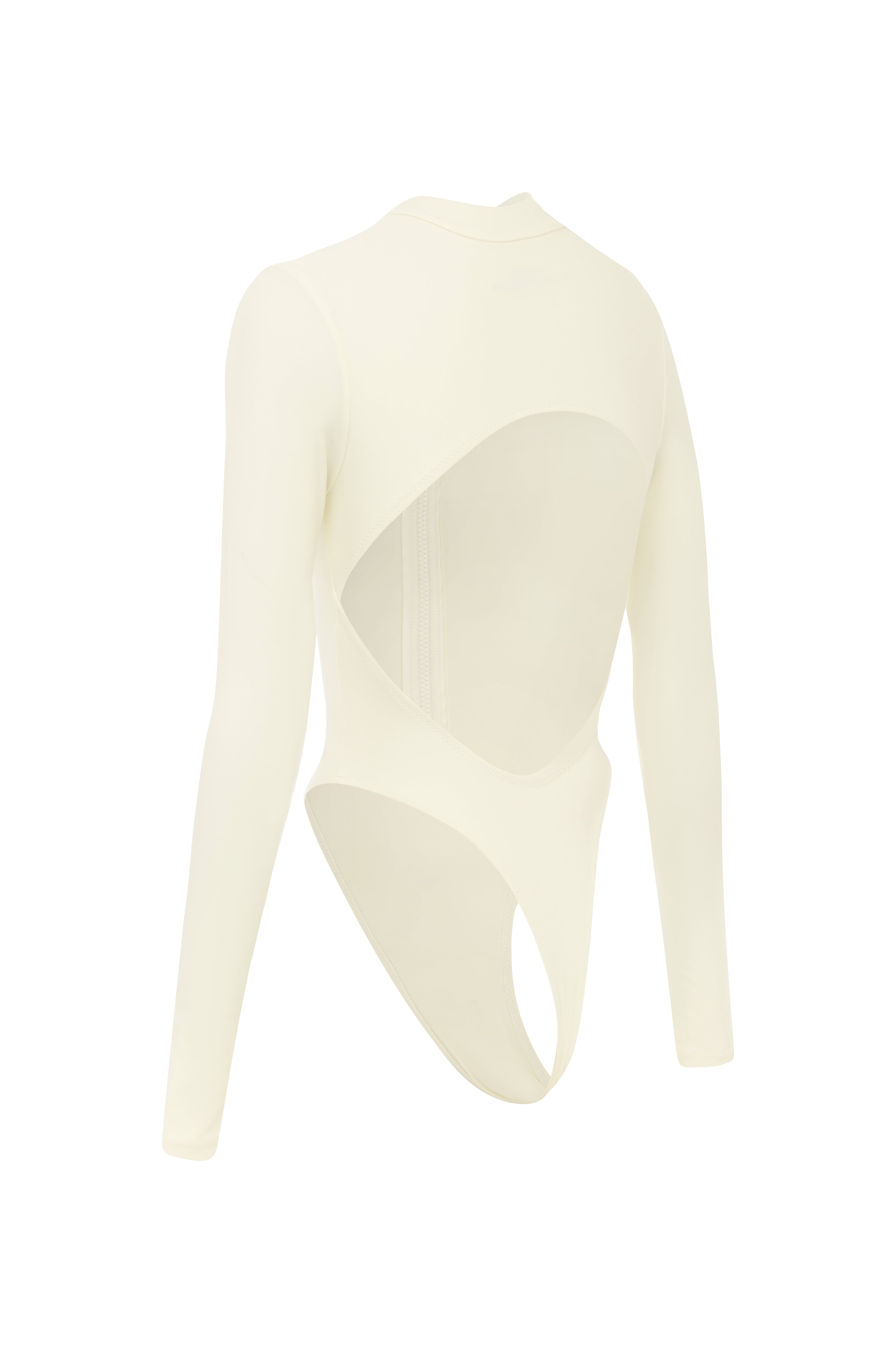 Cut out of white long sleeve backless swimsuit on a white background.