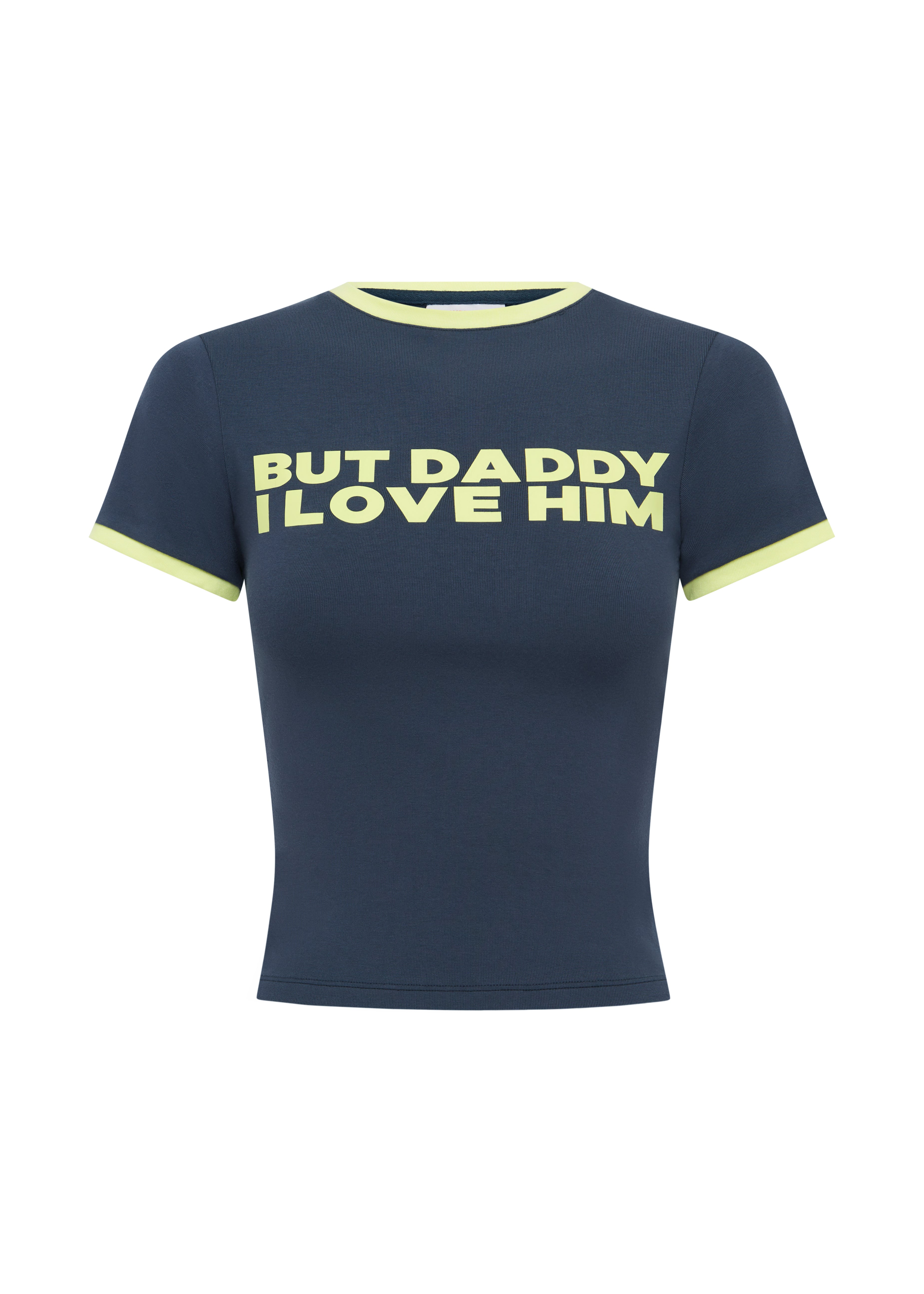 Navy blue t-shirt with yellow text 'BUT DADDY I LOVE HIM' on a white background