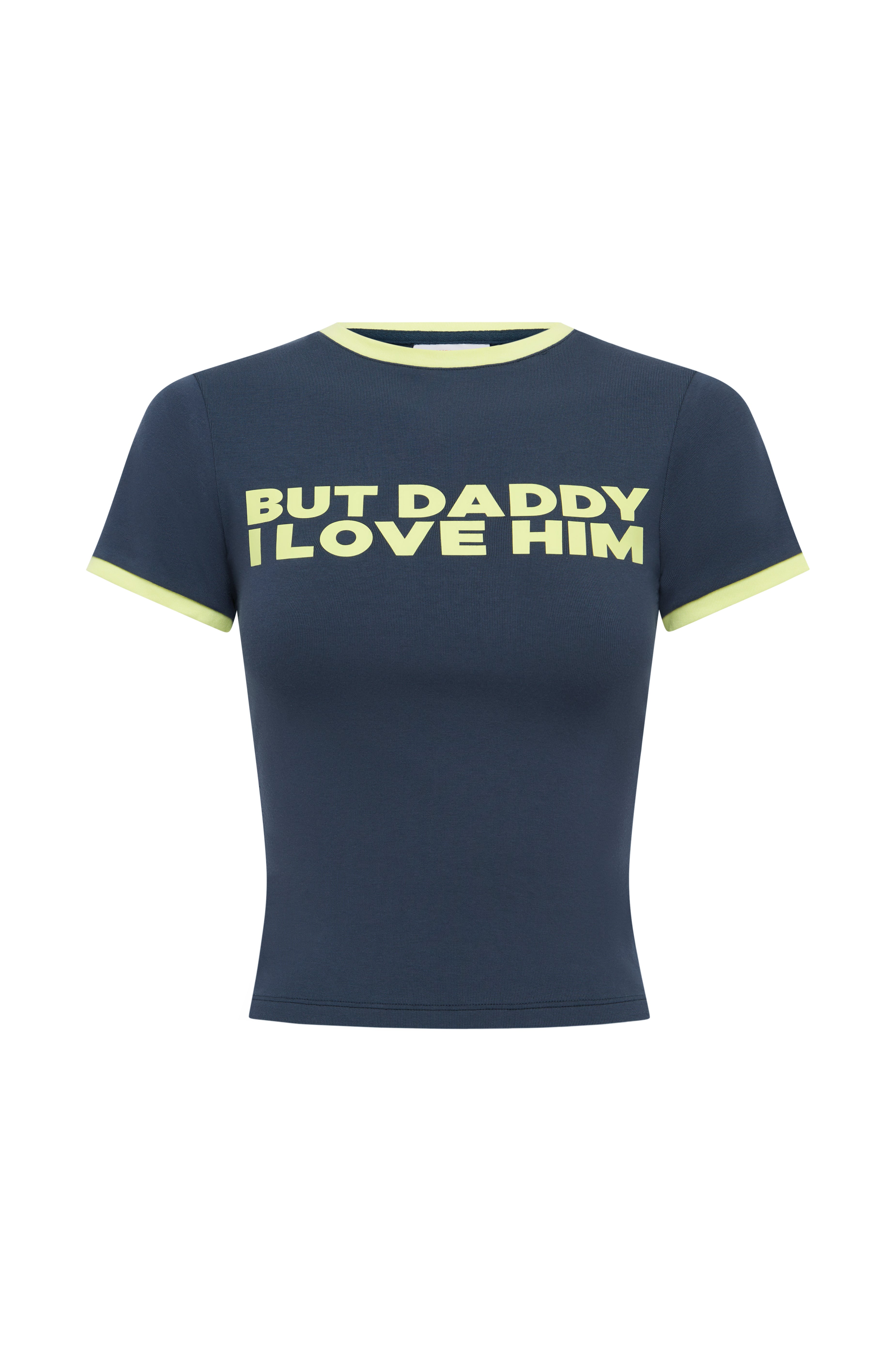 Navy blue t-shirt with yellow text 'BUT DADDY I LOVE HIM' on a white background