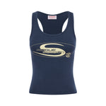 Front view of navy Rogue Season fitted tank top with scoop neckline and yellow logo graphic on the front, on a white background.