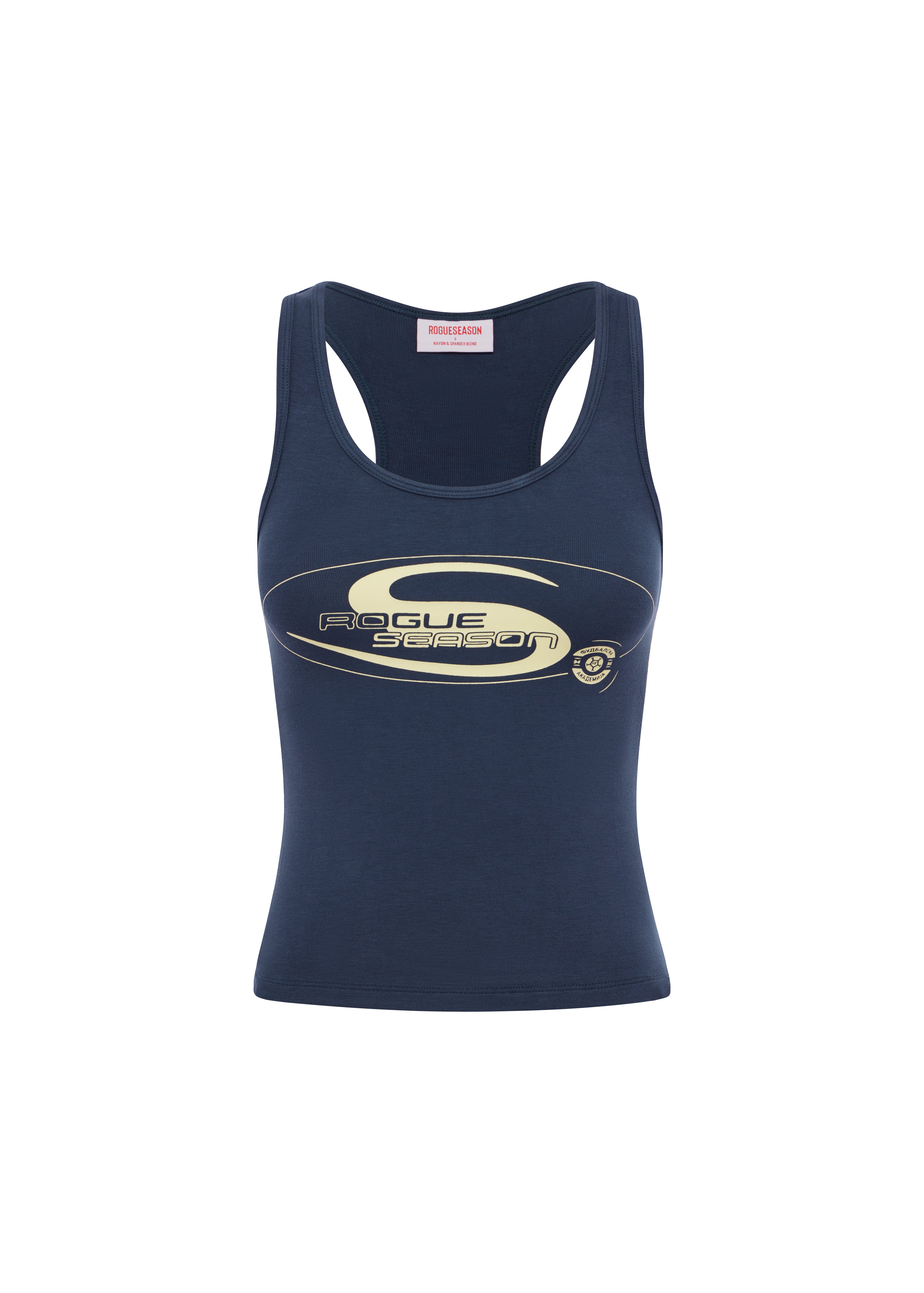 Front view of navy Rogue Season fitted tank top with scoop neckline and yellow logo graphic on the front, on a white background.