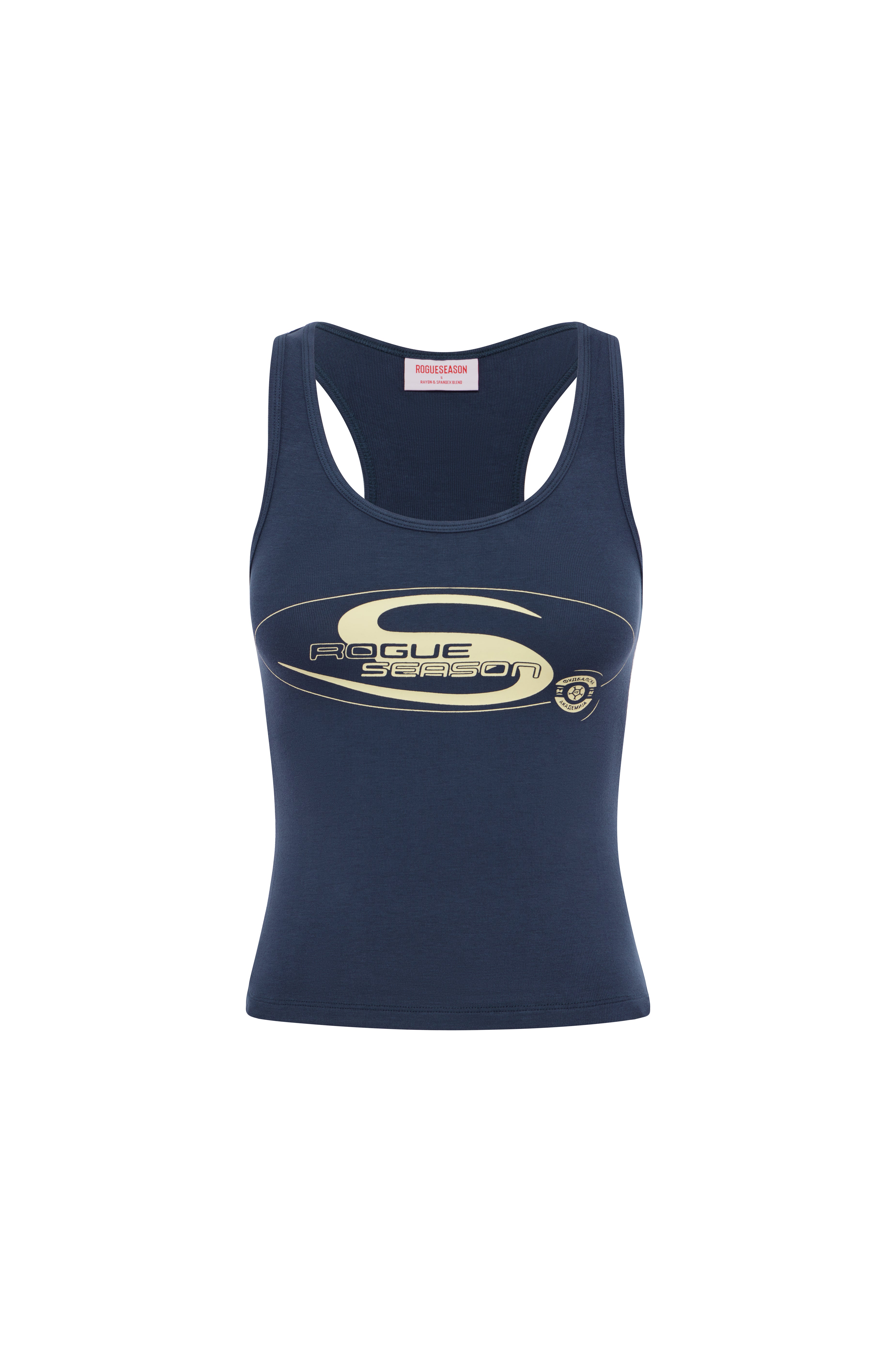 Front view of navy Rogue Season fitted tank top with scoop neckline and yellow logo graphic on the front, on a white background.