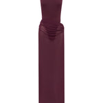 Burgundy swimsuit with a matching sheer maxi skirt on a white background.