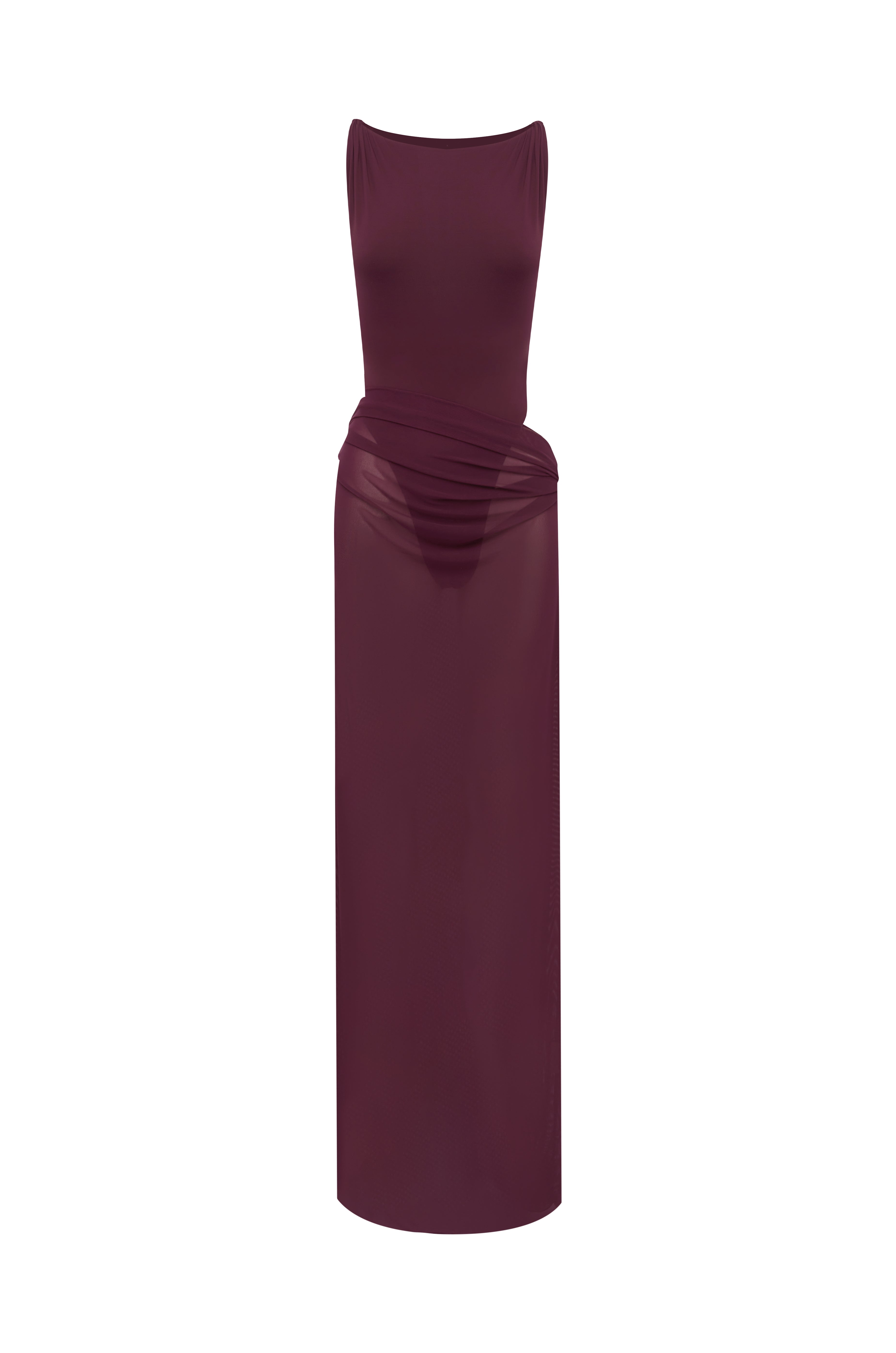 Burgundy swimsuit with a matching sheer maxi skirt on a white background.