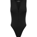 A black sleeveless bodysuit with a deep v-neckline in the front, designed with a high-waisted silhouette on a white background.