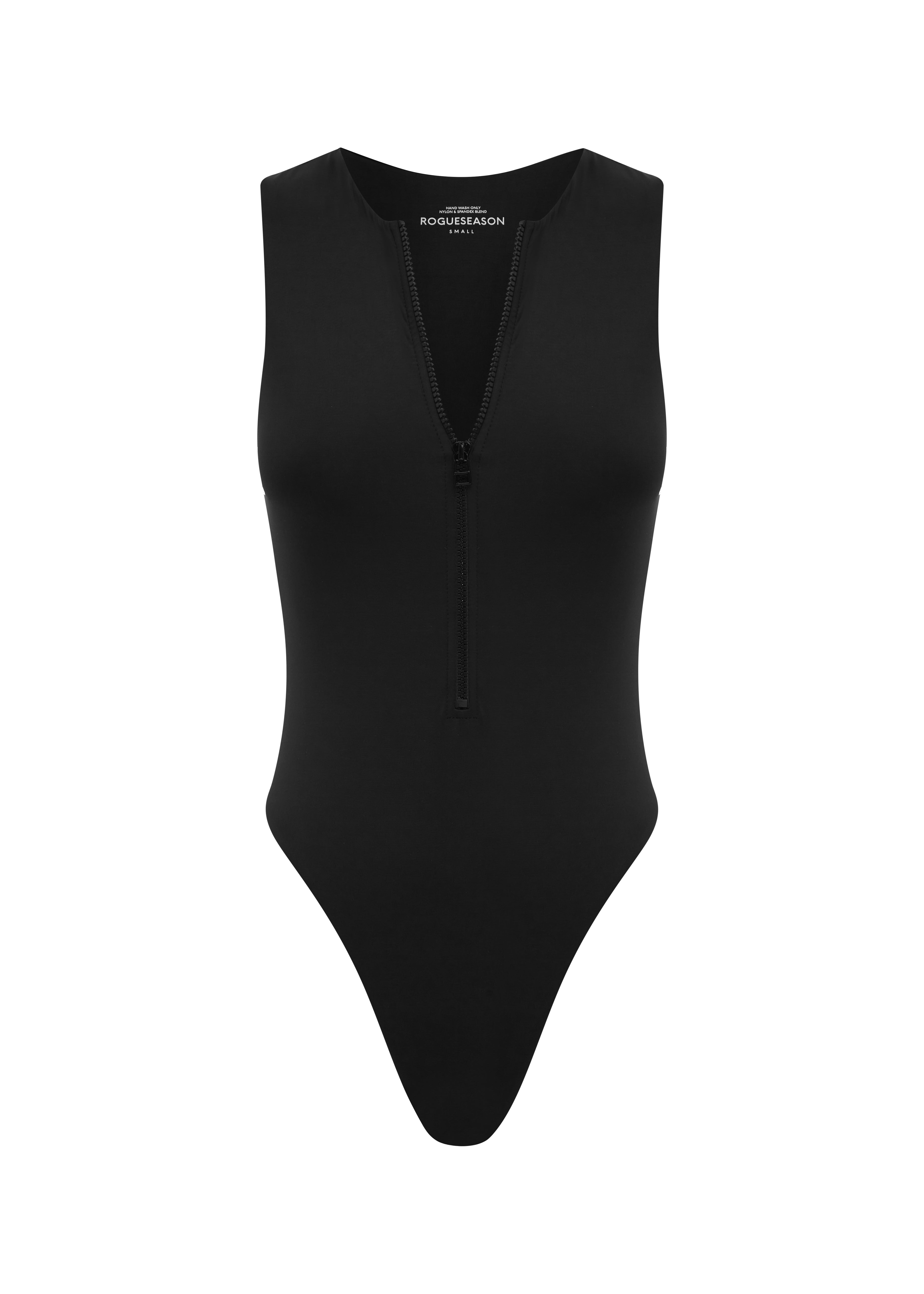A black sleeveless bodysuit with a deep v-neckline in the front, designed with a high-waisted silhouette on a white background.