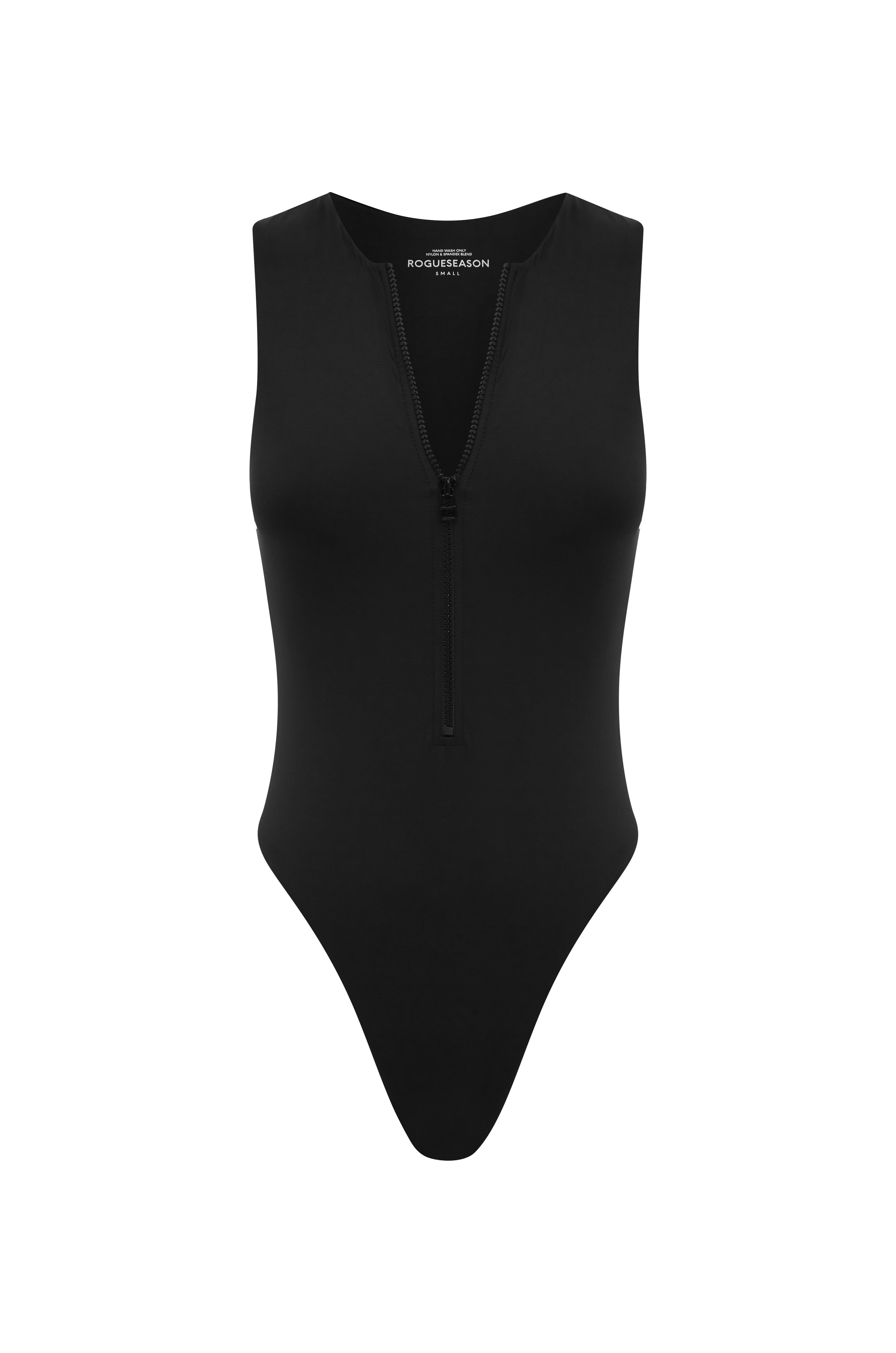 A black sleeveless bodysuit with a deep v-neckline in the front, designed with a high-waisted silhouette on a white background.