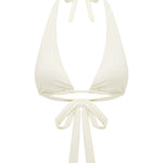 A halter style swim top in ivory color with a thick band and a tie at the front.