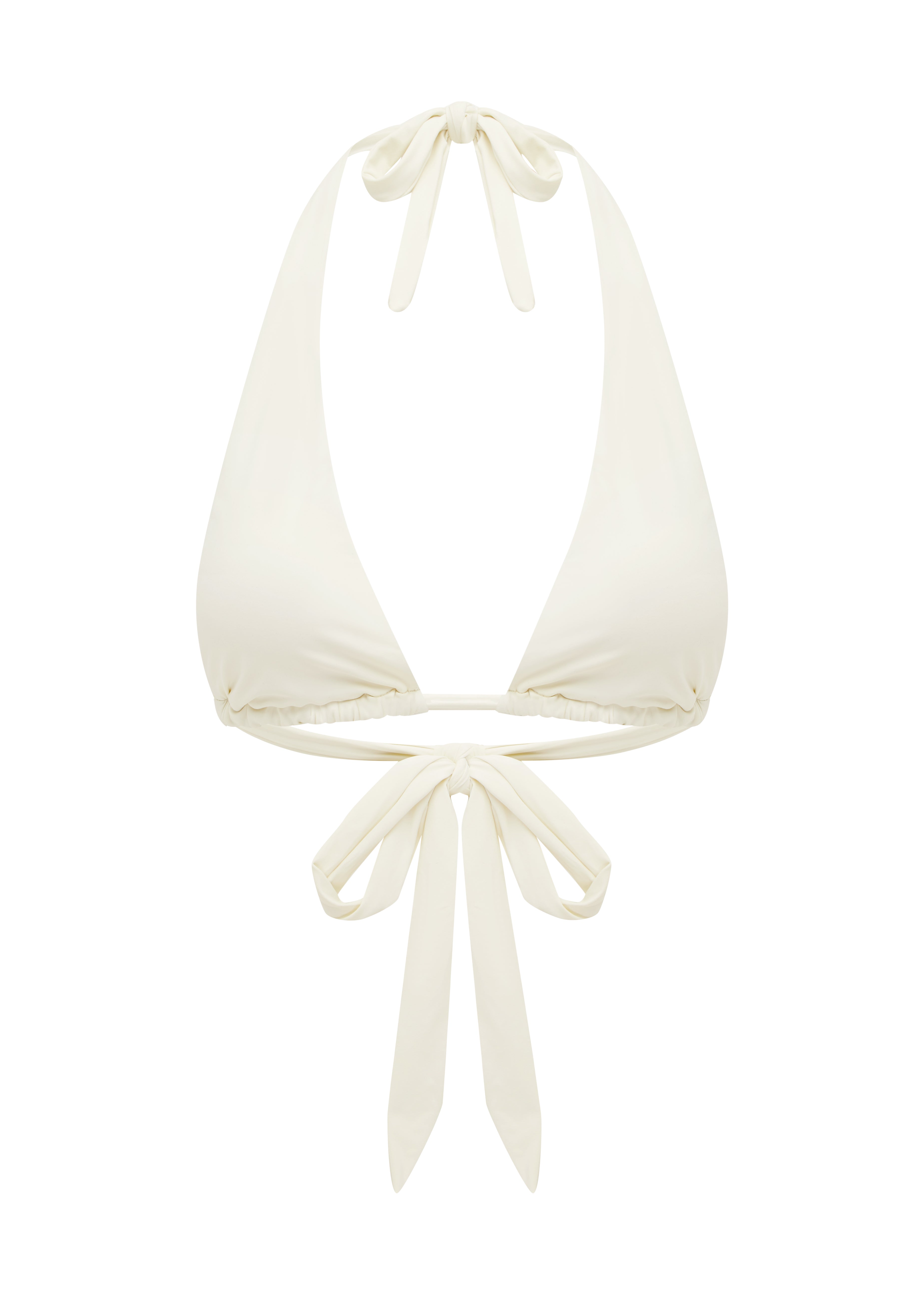 A halter style swim top in ivory color with a thick band and a tie at the front.