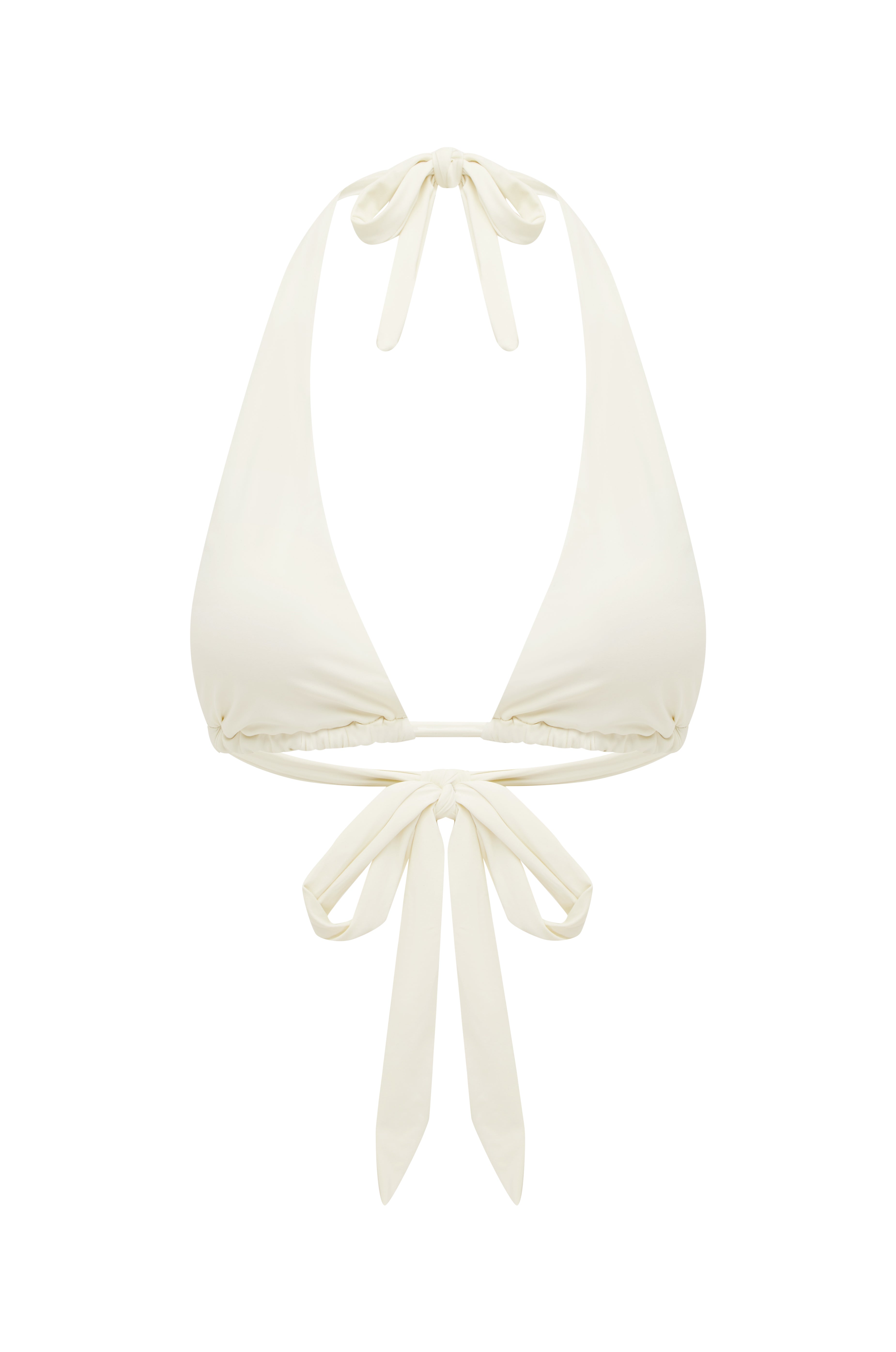 A halter style swim top in ivory color with a thick band and a tie at the front.