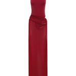 Red swimsuit and matching sheer maxi skirt, in a white background.