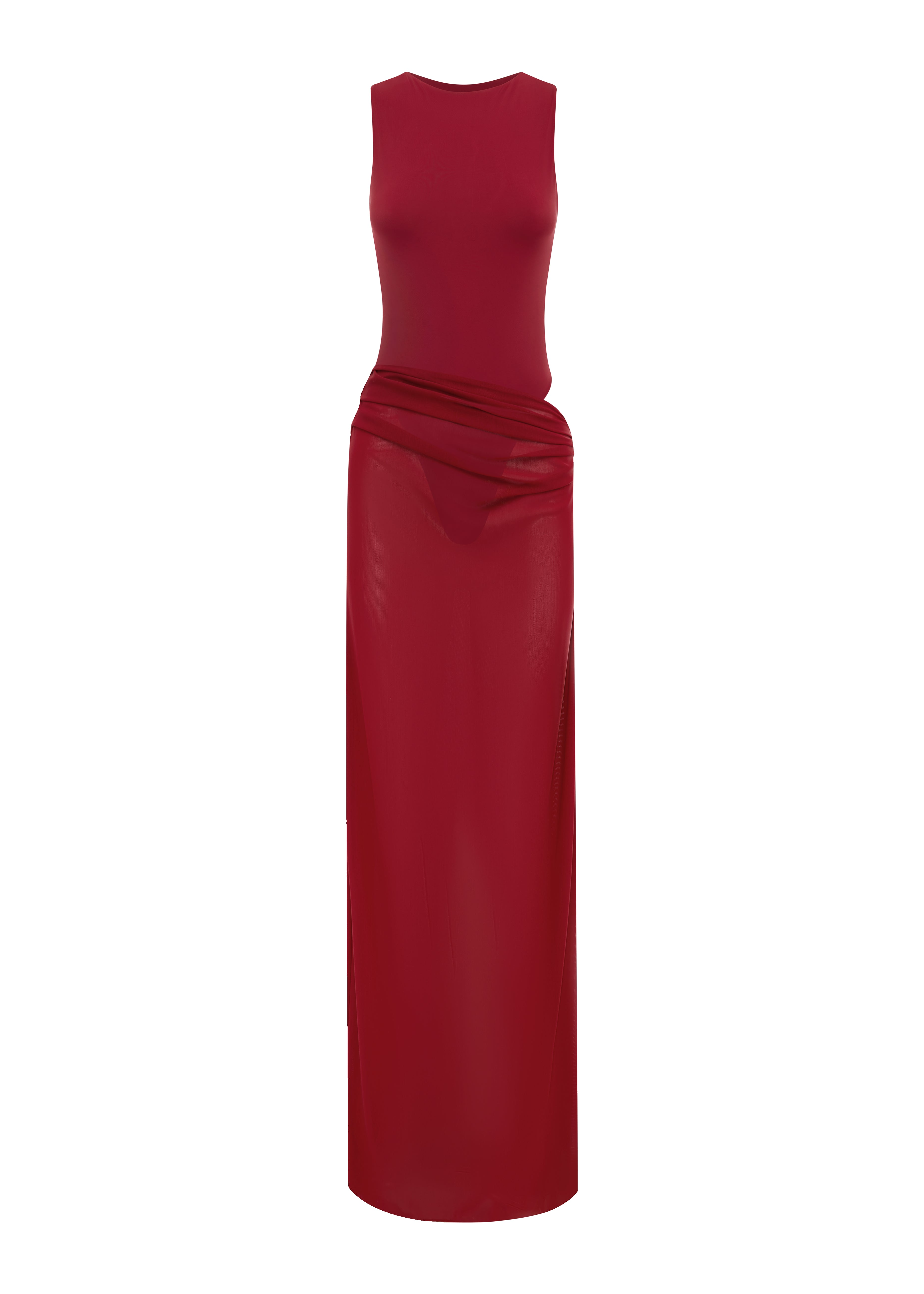 Red swimsuit and matching sheer maxi skirt, in a white background.