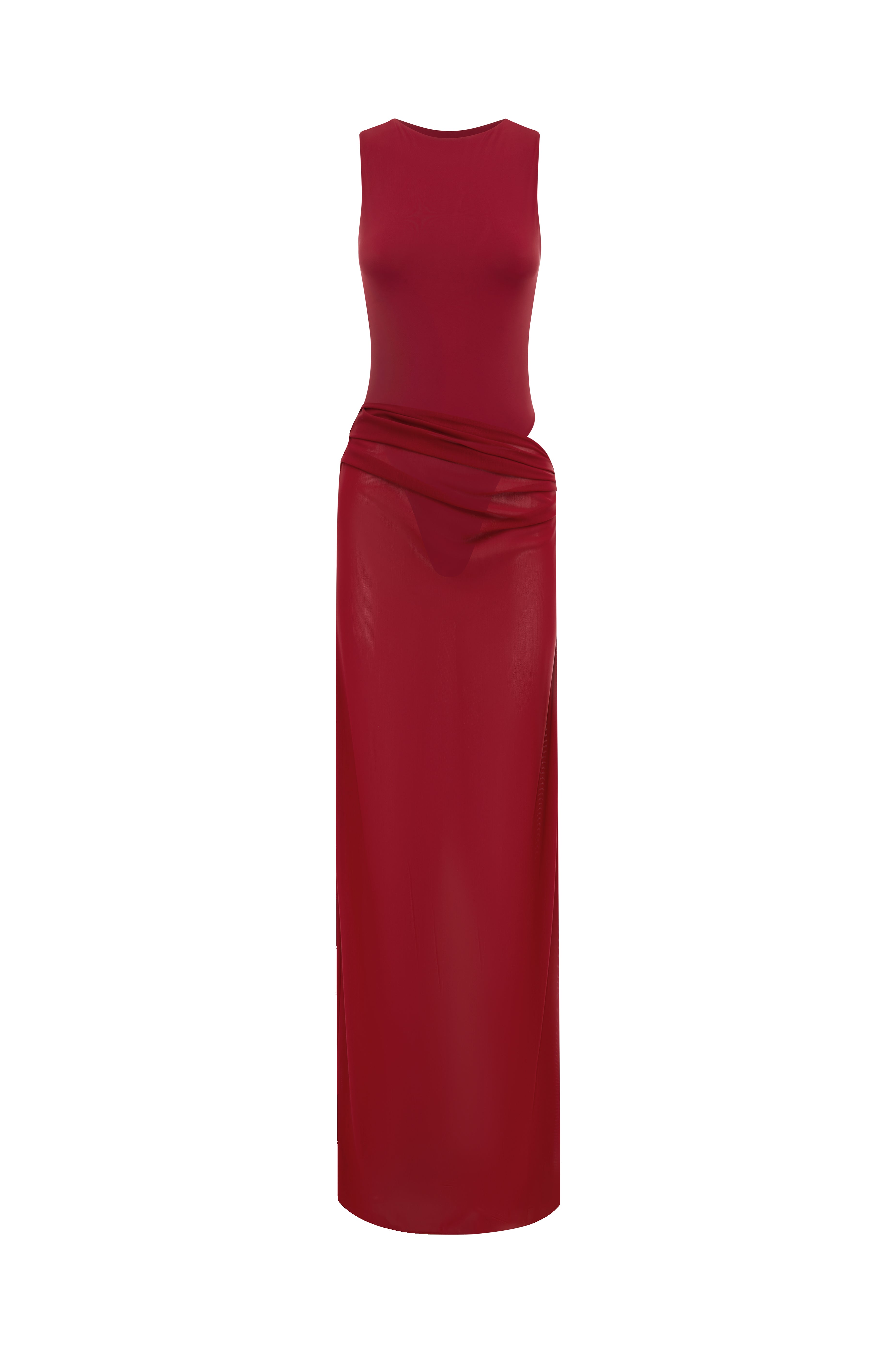 Red swimsuit and matching sheer maxi skirt, in a white background.
