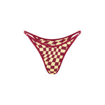 Front view of cherry and yellow checkered bikini bottoms with thin adjustable side straps, displayed on a plain background.