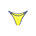 A bright yellow bikini bottom with blue trim on a white background.