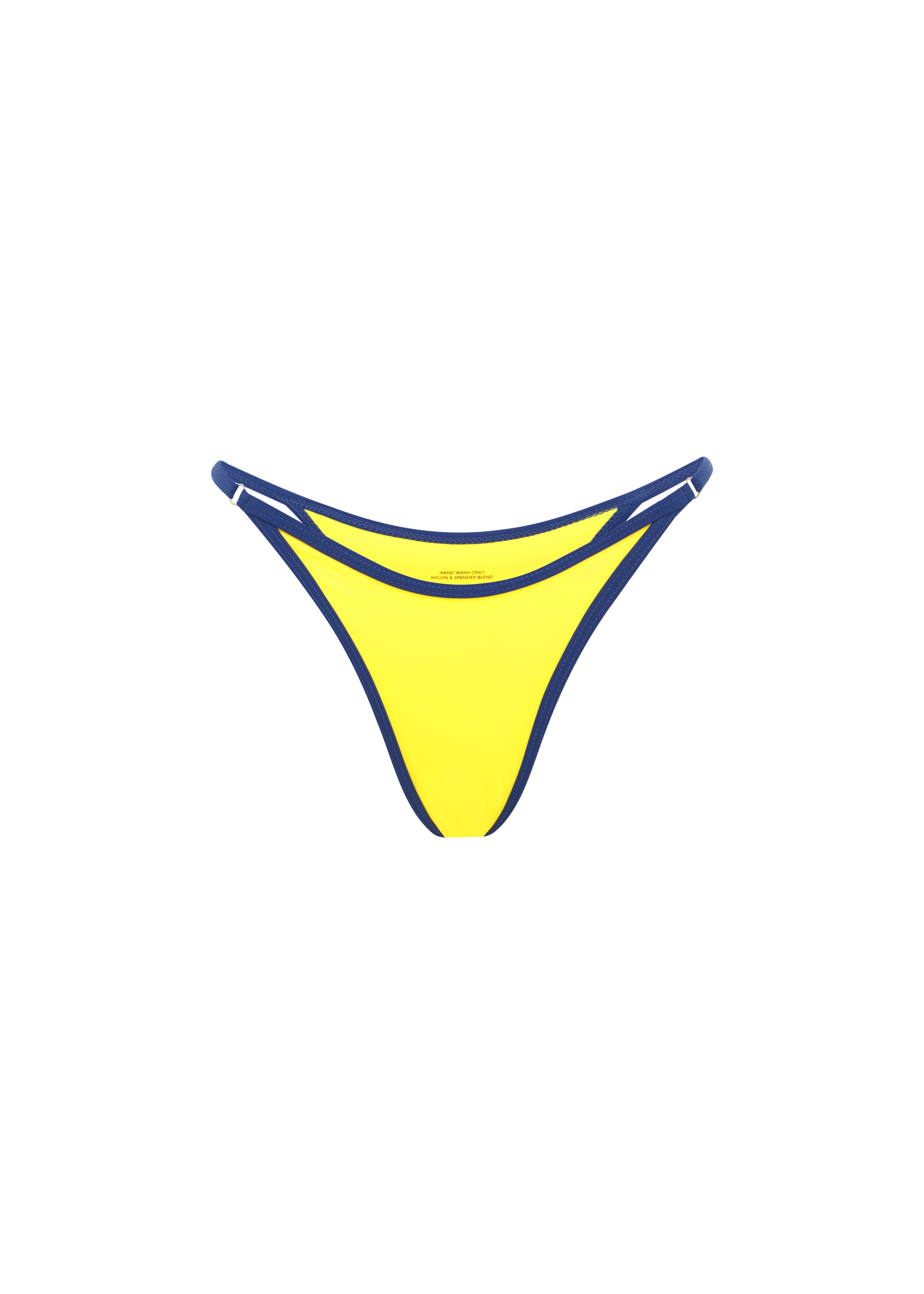 A bright yellow bikini bottom with blue trim on a white background.