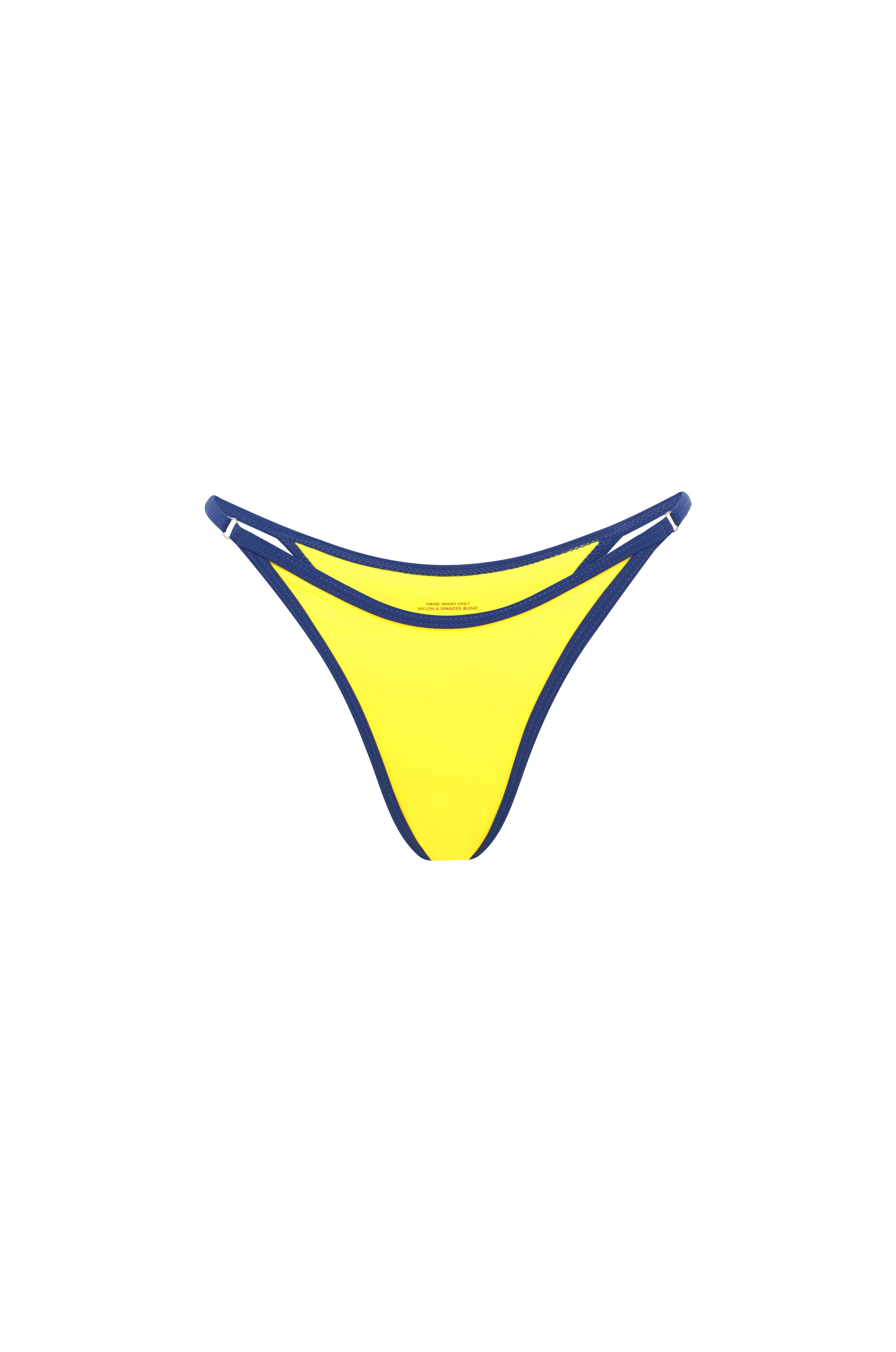 A bright yellow bikini bottom with blue trim on a white background.