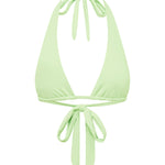 Light green bikini top with halter neck design on a white background