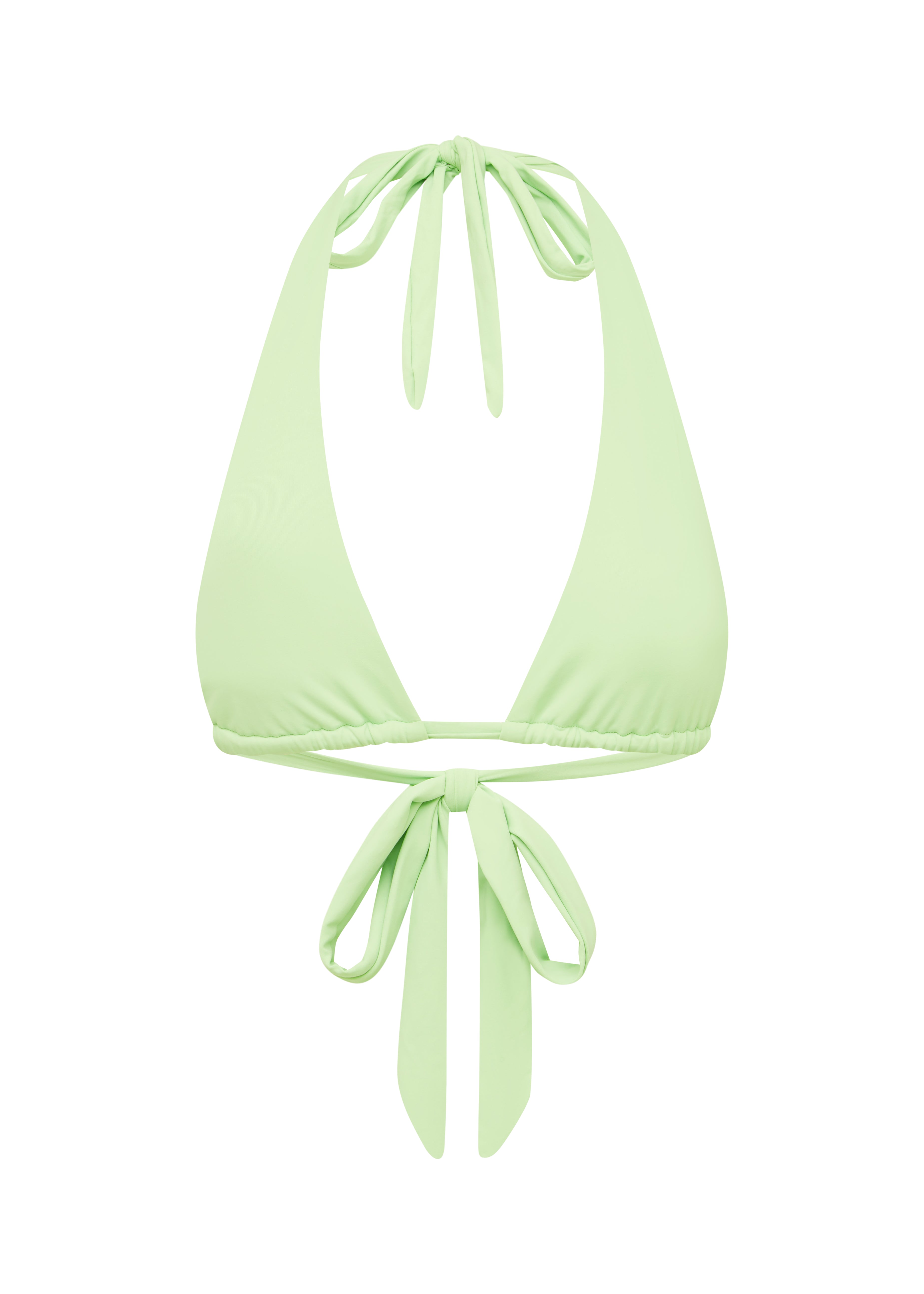 Light green bikini top with halter neck design on a white background