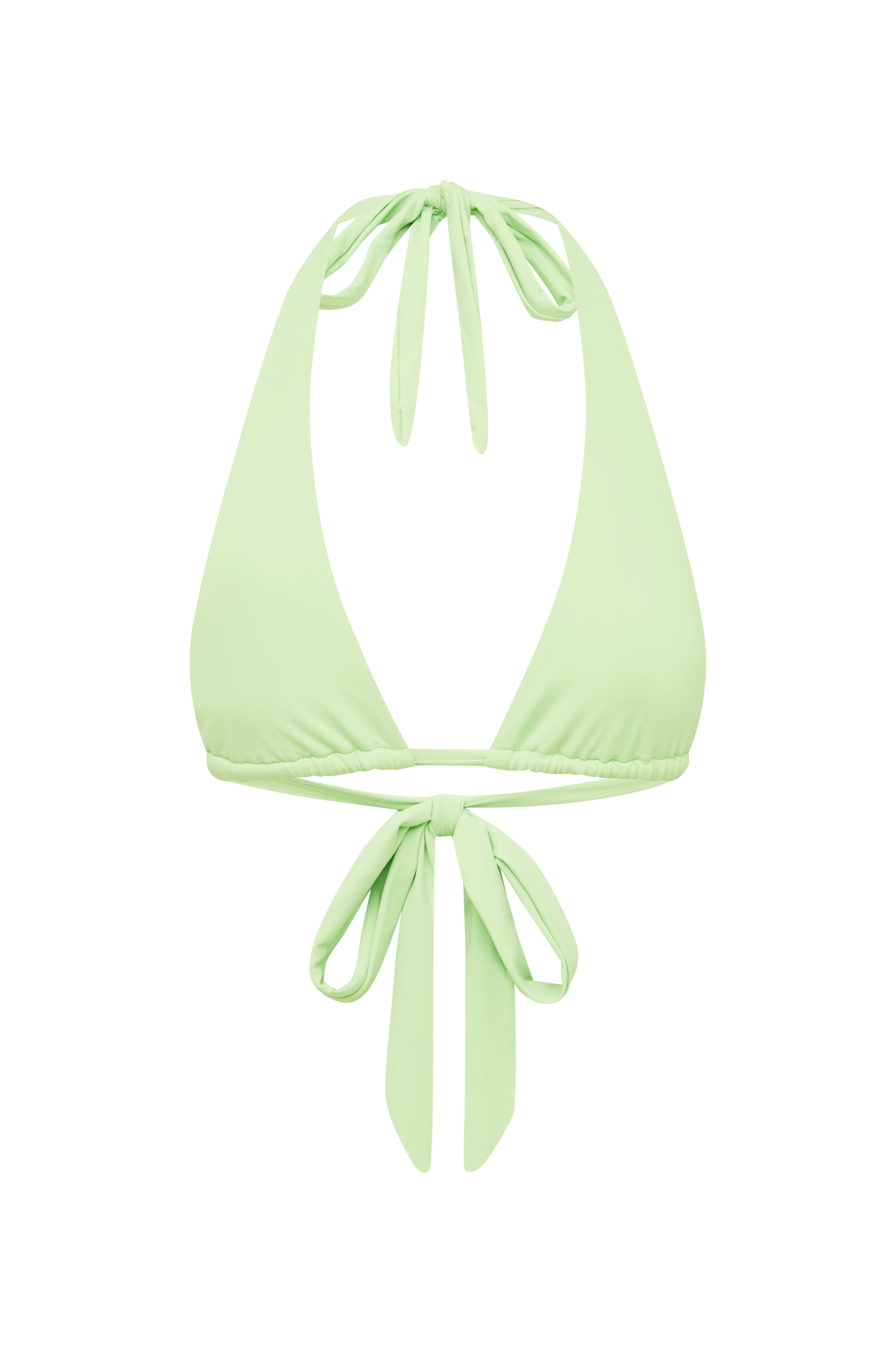 Light green bikini top with halter neck design on a white background
