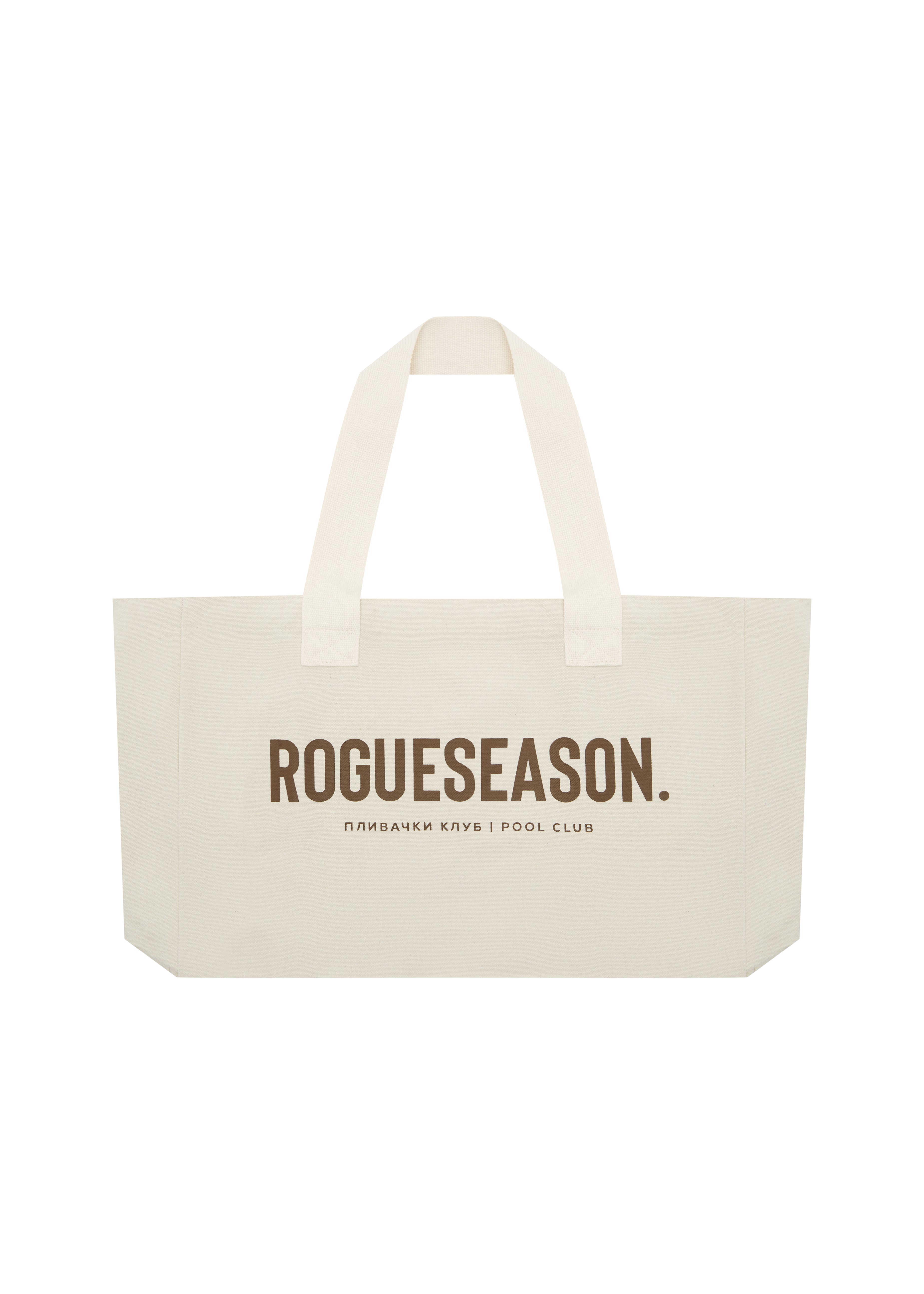 A beige canvas tote bag with 'ROGUESEASON' text and 'плибач клуб' printed on it in brown.
