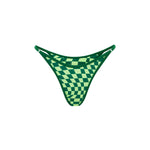 A green checkered bikini bottom on a white background