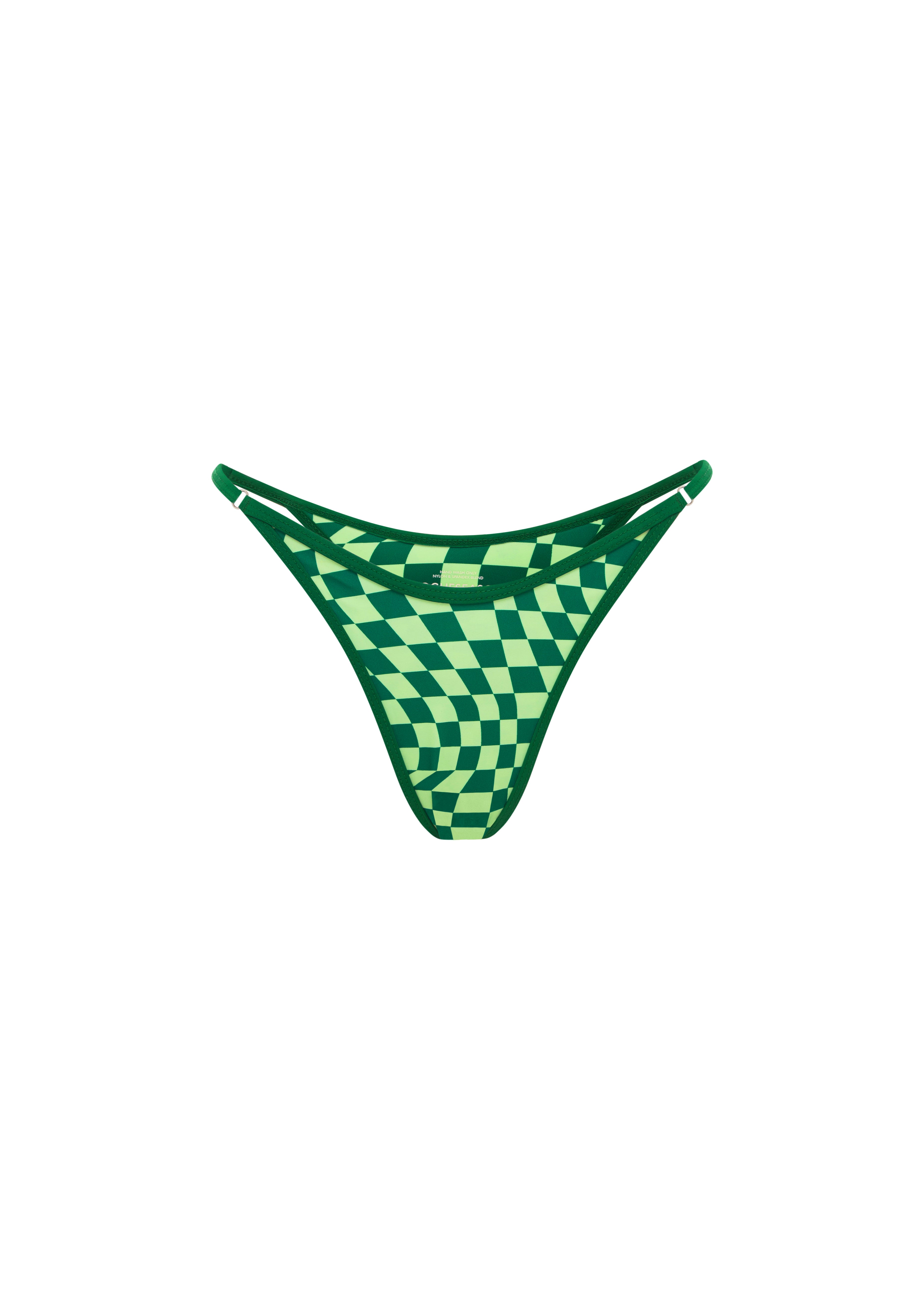 A green checkered bikini bottom on a white background