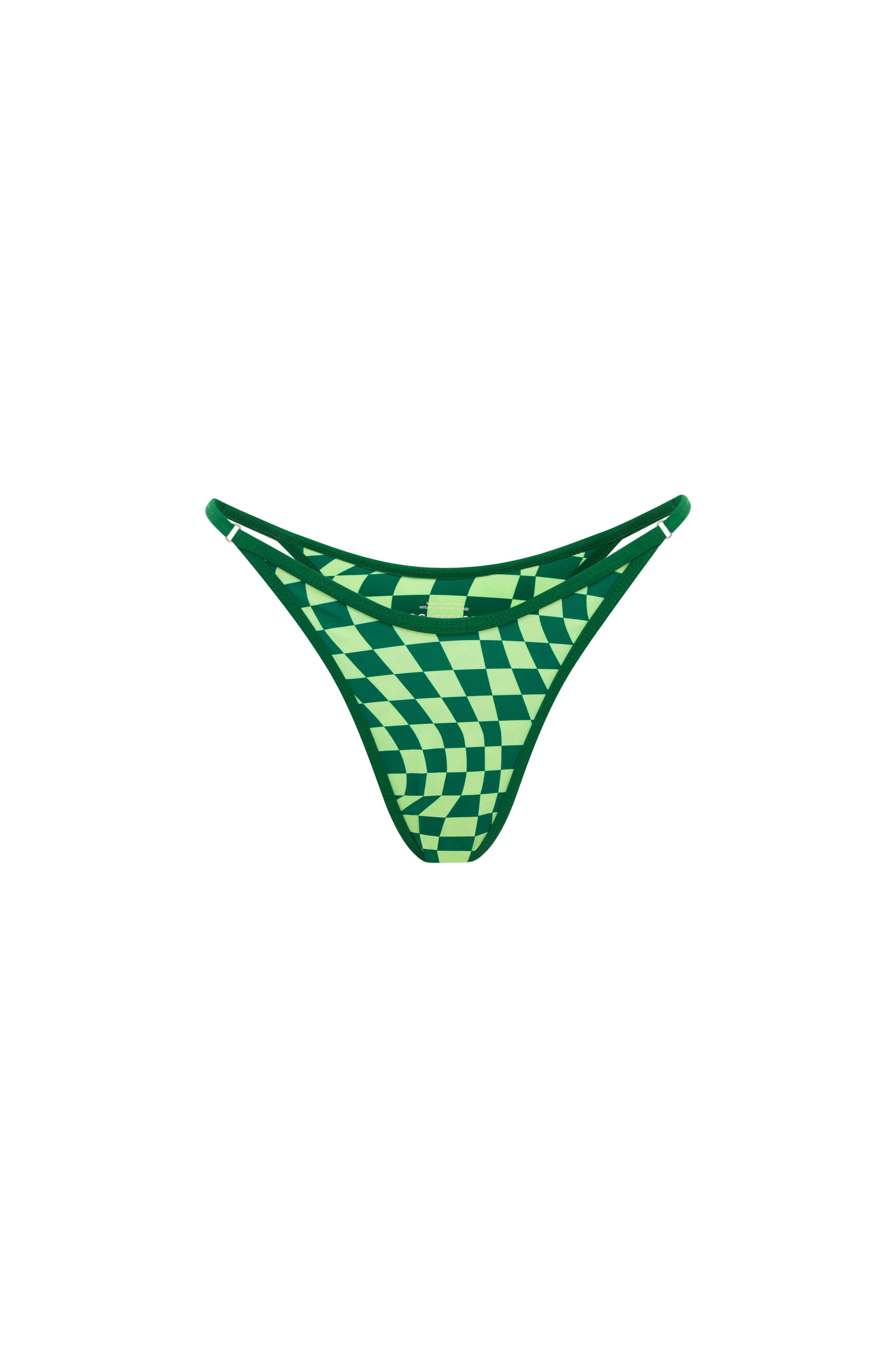 A green checkered bikini bottom on a white background