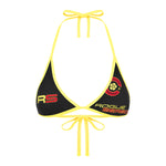 Black and yellow Rogue Season triangle bikini top displayed on a white background, showing close-up detailing of the top and trim.