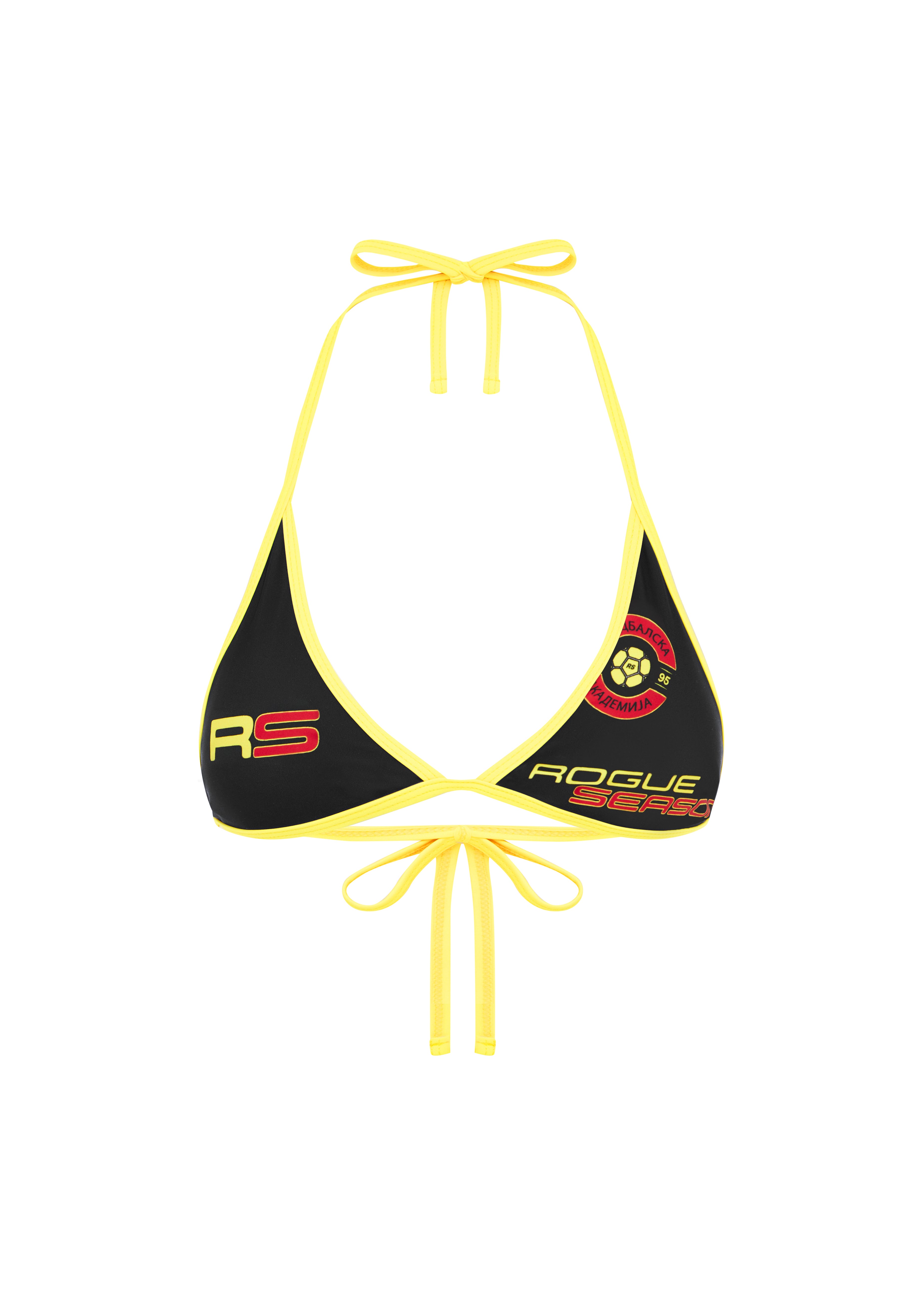 Black and yellow Rogue Season triangle bikini top displayed on a white background, showing close-up detailing of the top and trim.