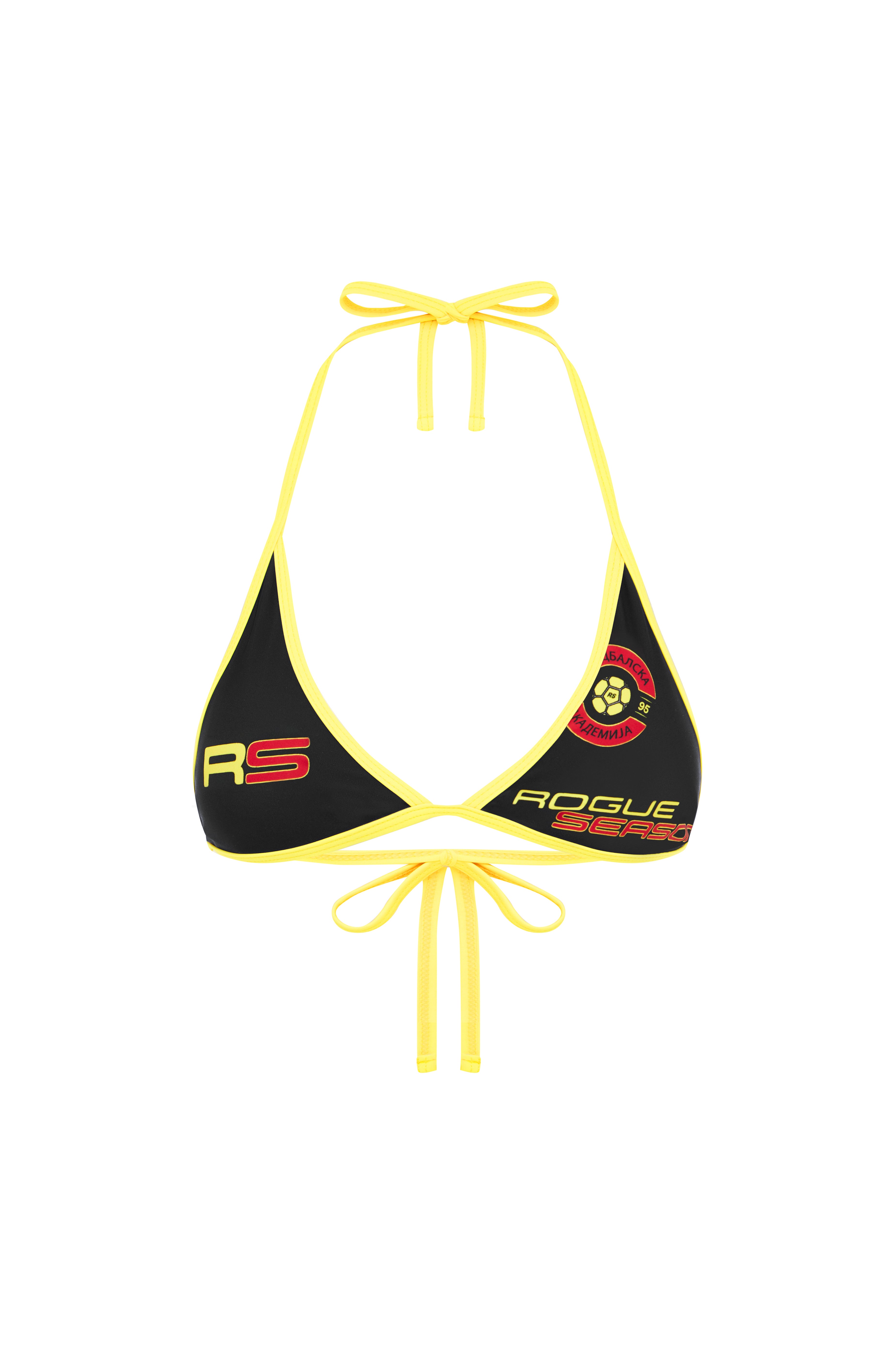 Black and yellow Rogue Season triangle bikini top displayed on a white background, showing close-up detailing of the top and trim.