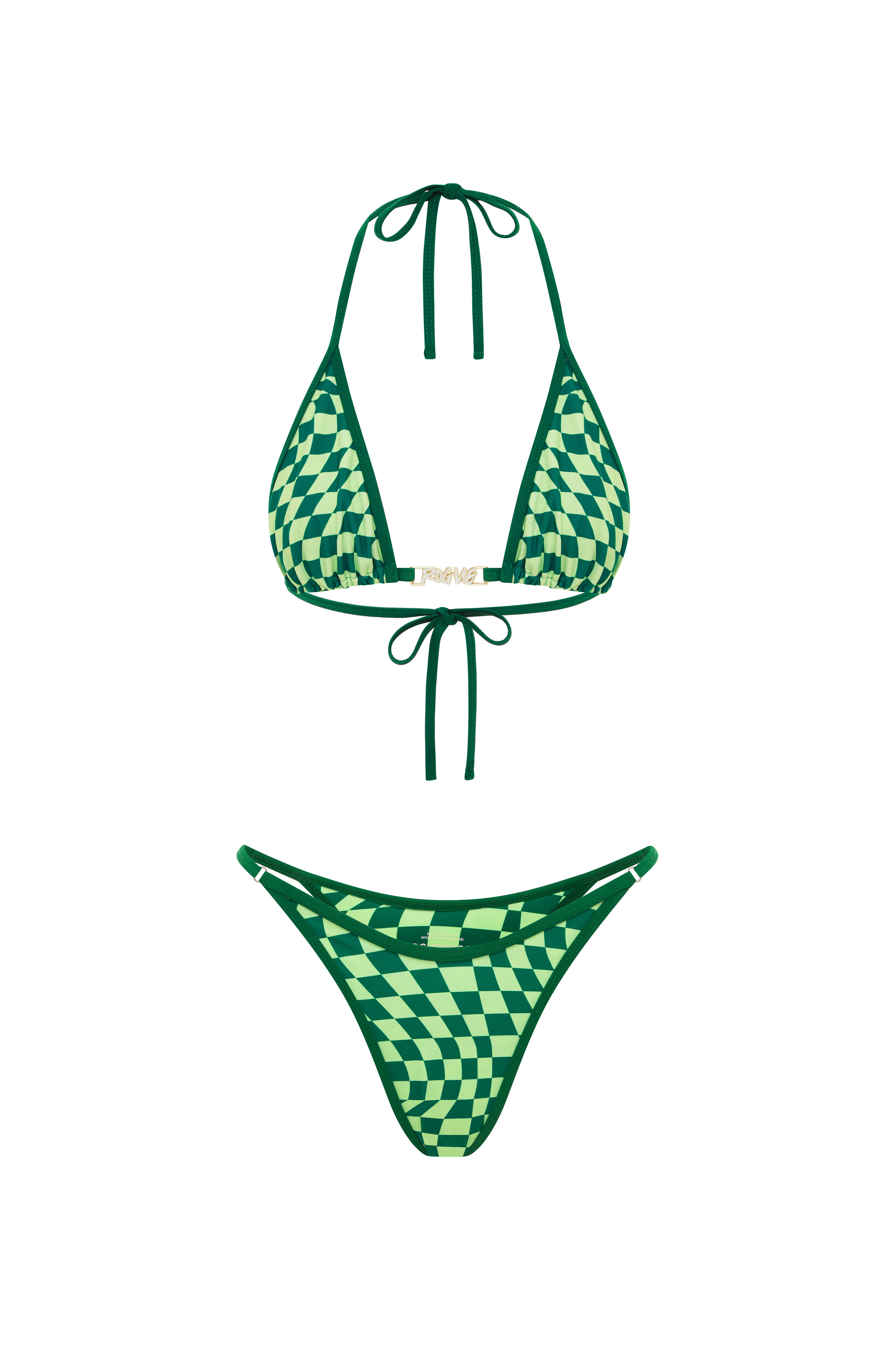 Green checkered triangle bikini set on a white background.