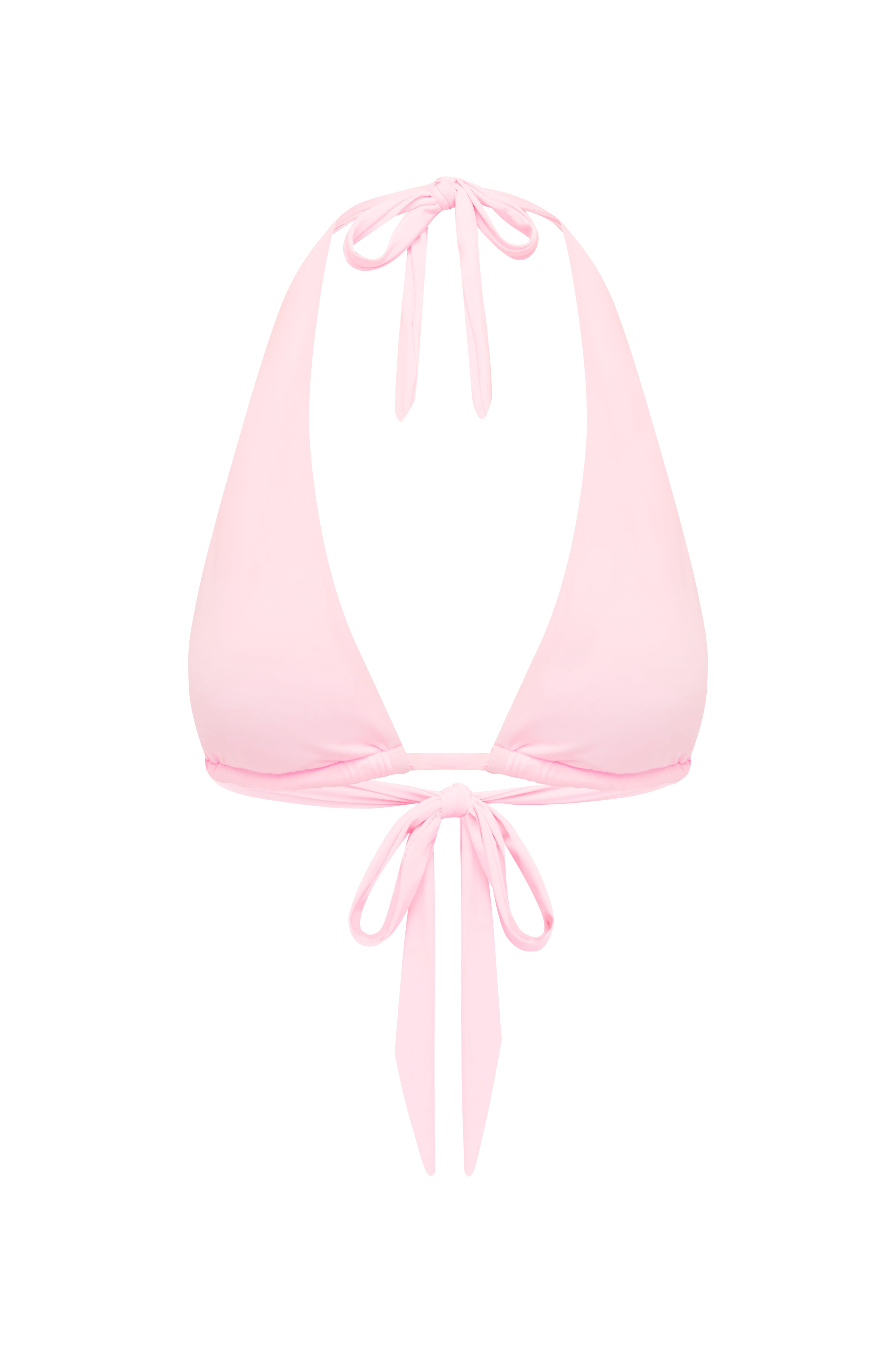 Pink triangle bikini top on a white background
