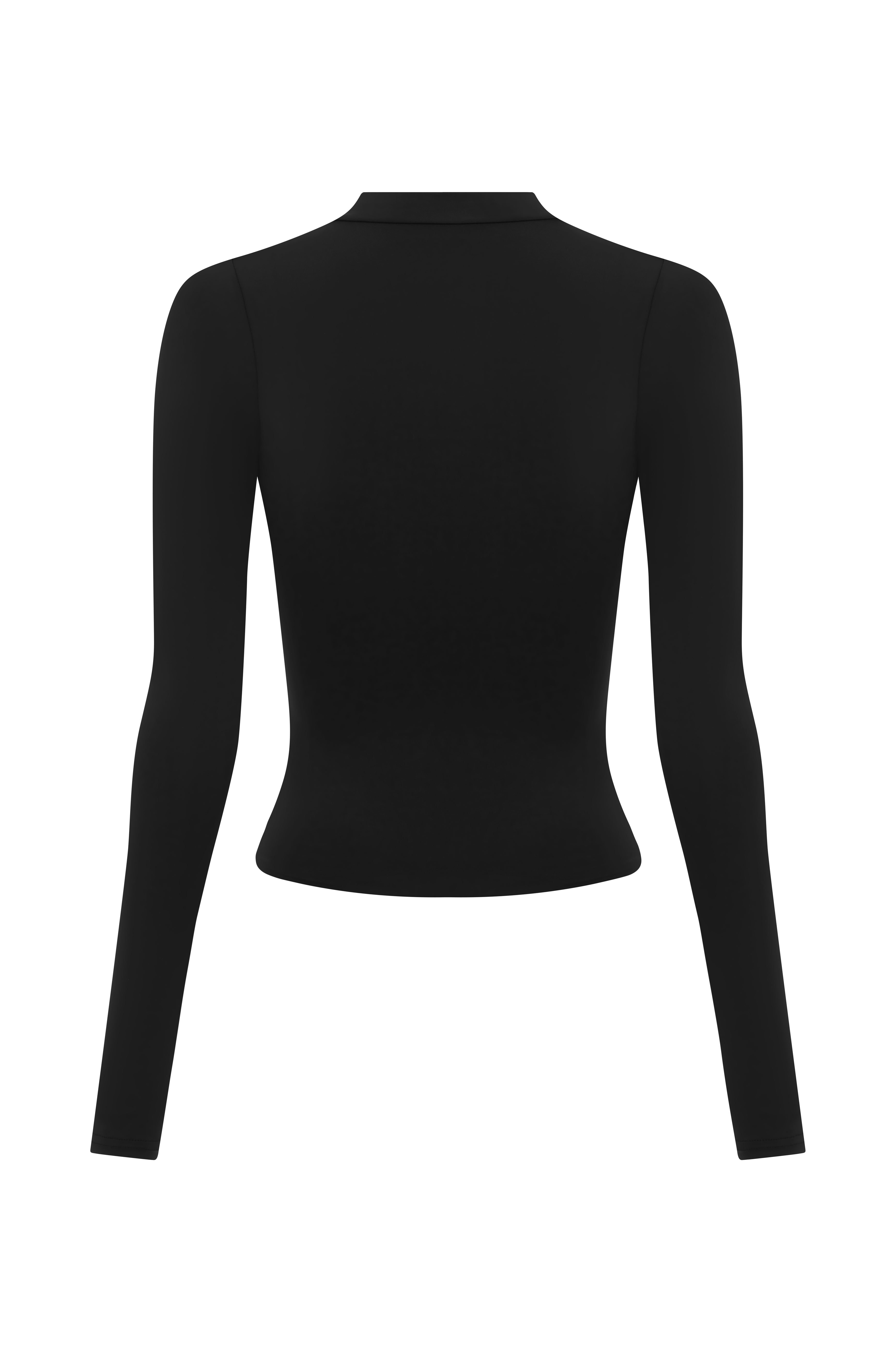 Back of black Rogue Season long-sleeve zip-up swim top on a white background