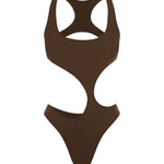 A solid mocha brown one-piece swimsuit with an asymmetric cut out and backless design on a white background.