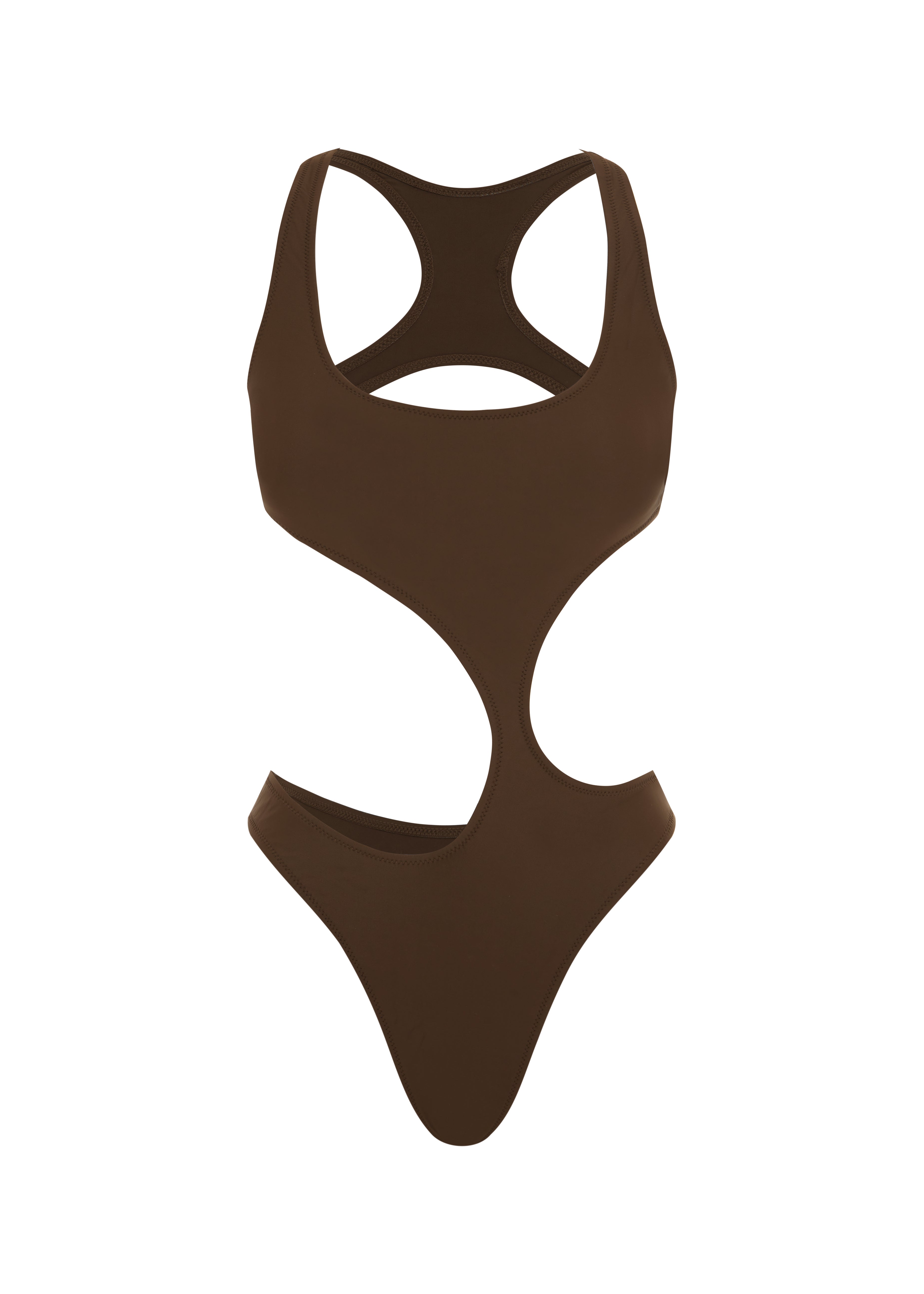 A solid mocha brown one-piece swimsuit with an asymmetric cut out and backless design on a white background.