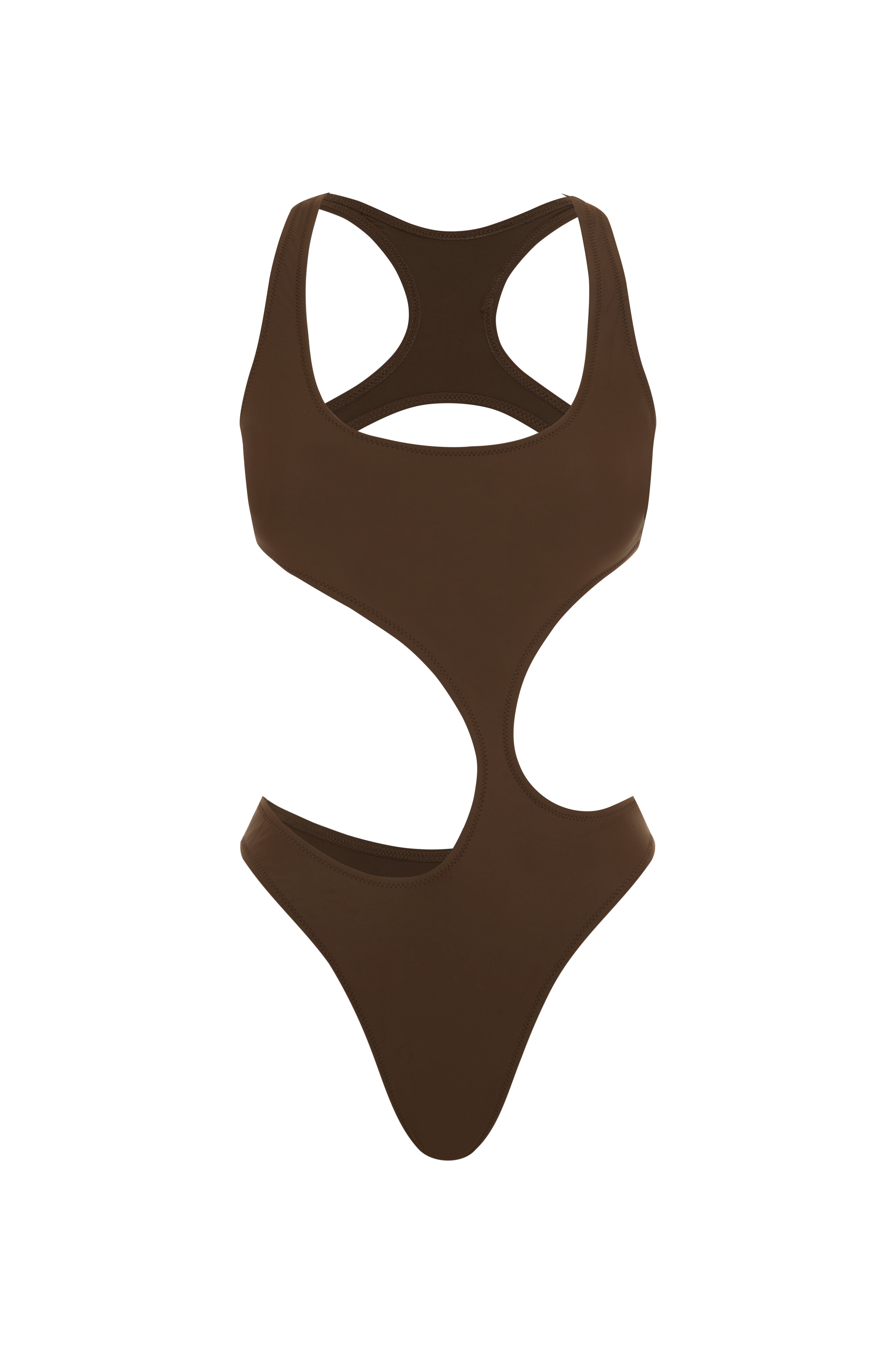 A solid mocha brown one-piece swimsuit with an asymmetric cut out and backless design on a white background.