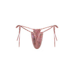 Back shot of pink, coral and teal abstract print bikini bottoms with a high-cut Brazilian thong silhouette and side tie detail on a white background.
