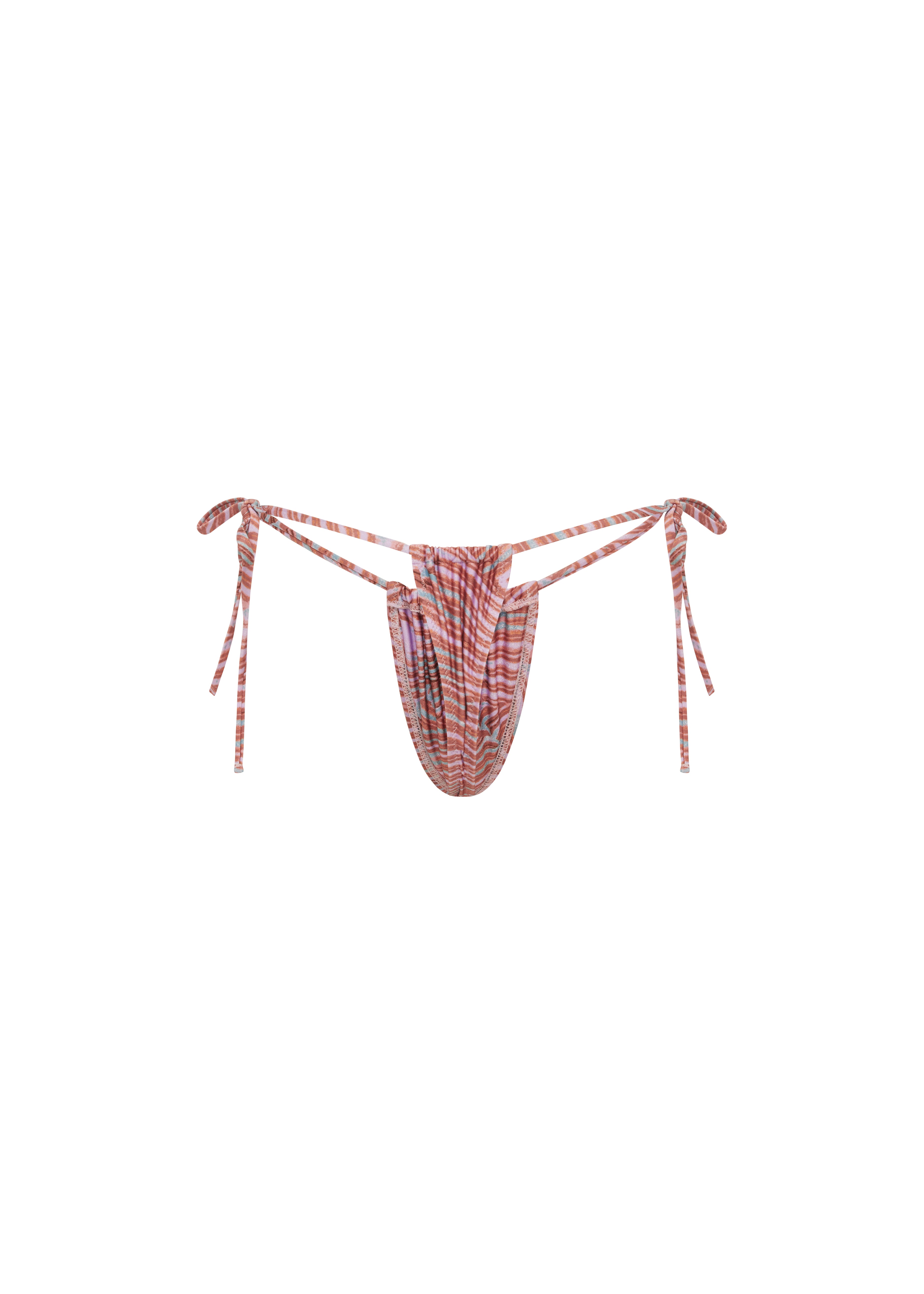 Back shot of pink, coral and teal abstract print bikini bottoms with a high-cut Brazilian thong silhouette and side tie detail on a white background.