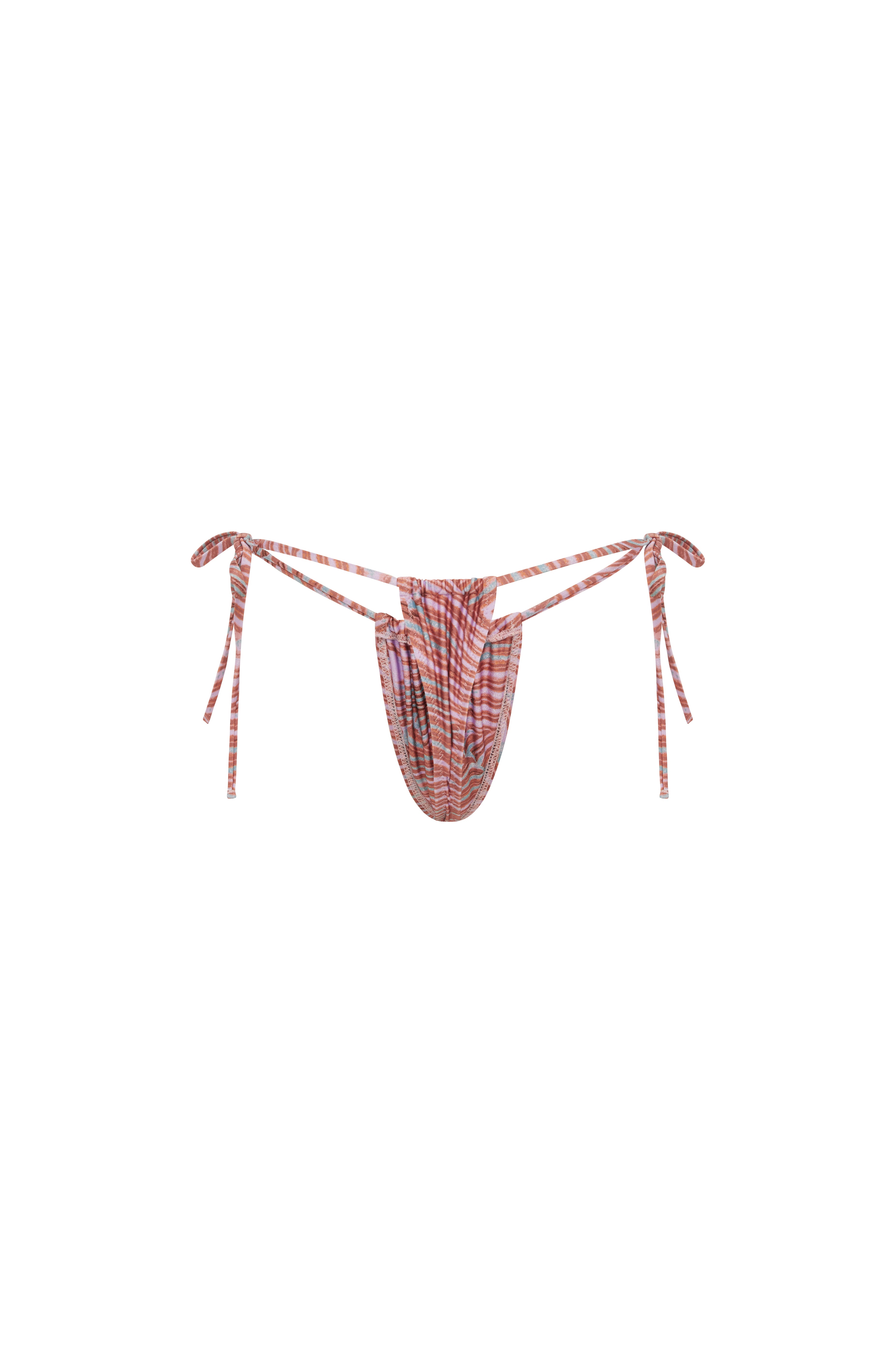 Back shot of pink, coral and teal abstract print bikini bottoms with a high-cut Brazilian thong silhouette and side tie detail on a white background.