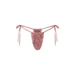 Pink, coral and teal abstract print bikini bottoms with a high-cut Brazilian thong silhouette and side tie detail on a white background.
