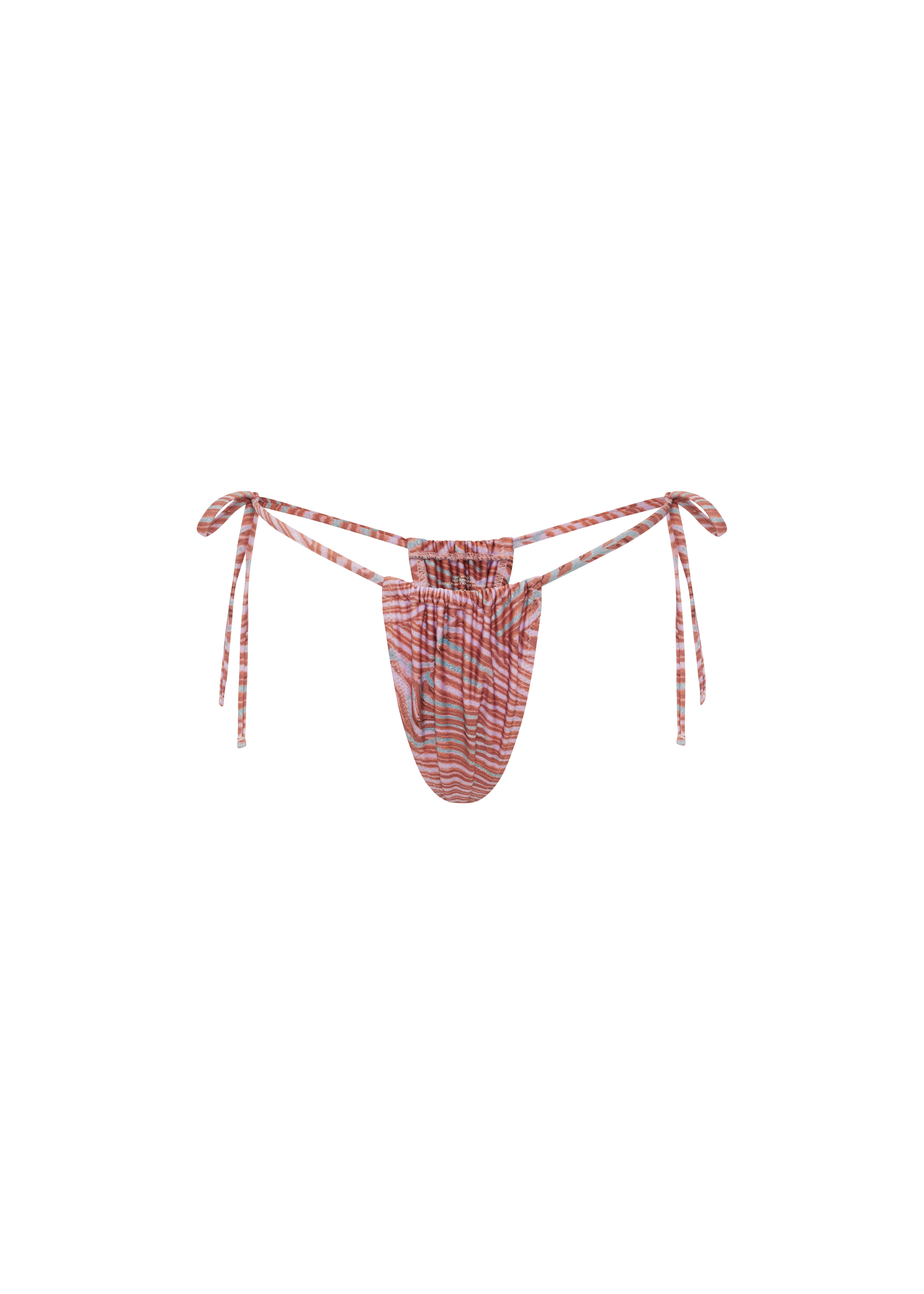 Pink, coral and teal abstract print bikini bottoms with a high-cut Brazilian thong silhouette and side tie detail on a white background.