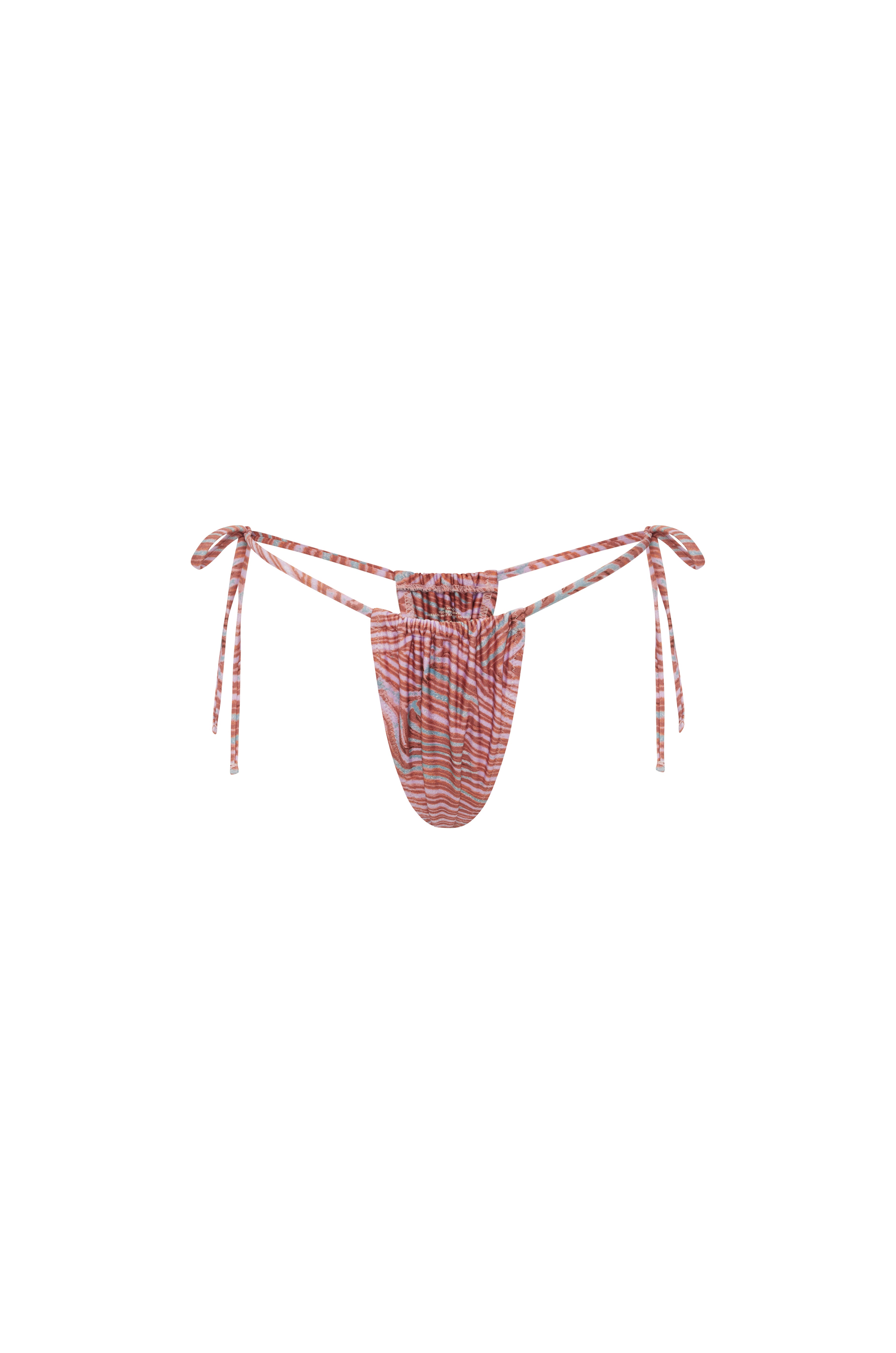Pink, coral and teal abstract print bikini bottoms with a high-cut Brazilian thong silhouette and side tie detail on a white background.