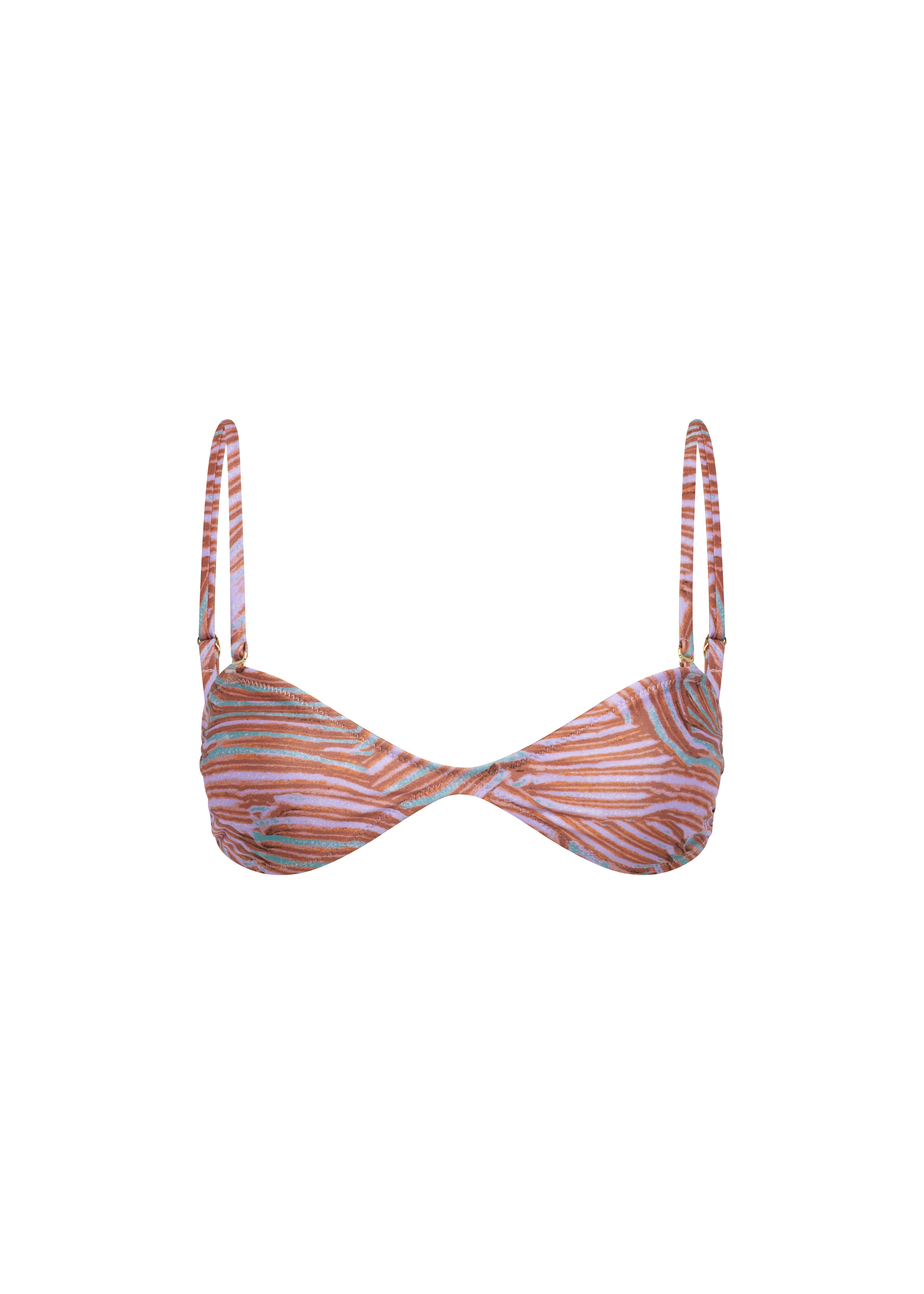 Coral print bikini top on a white background