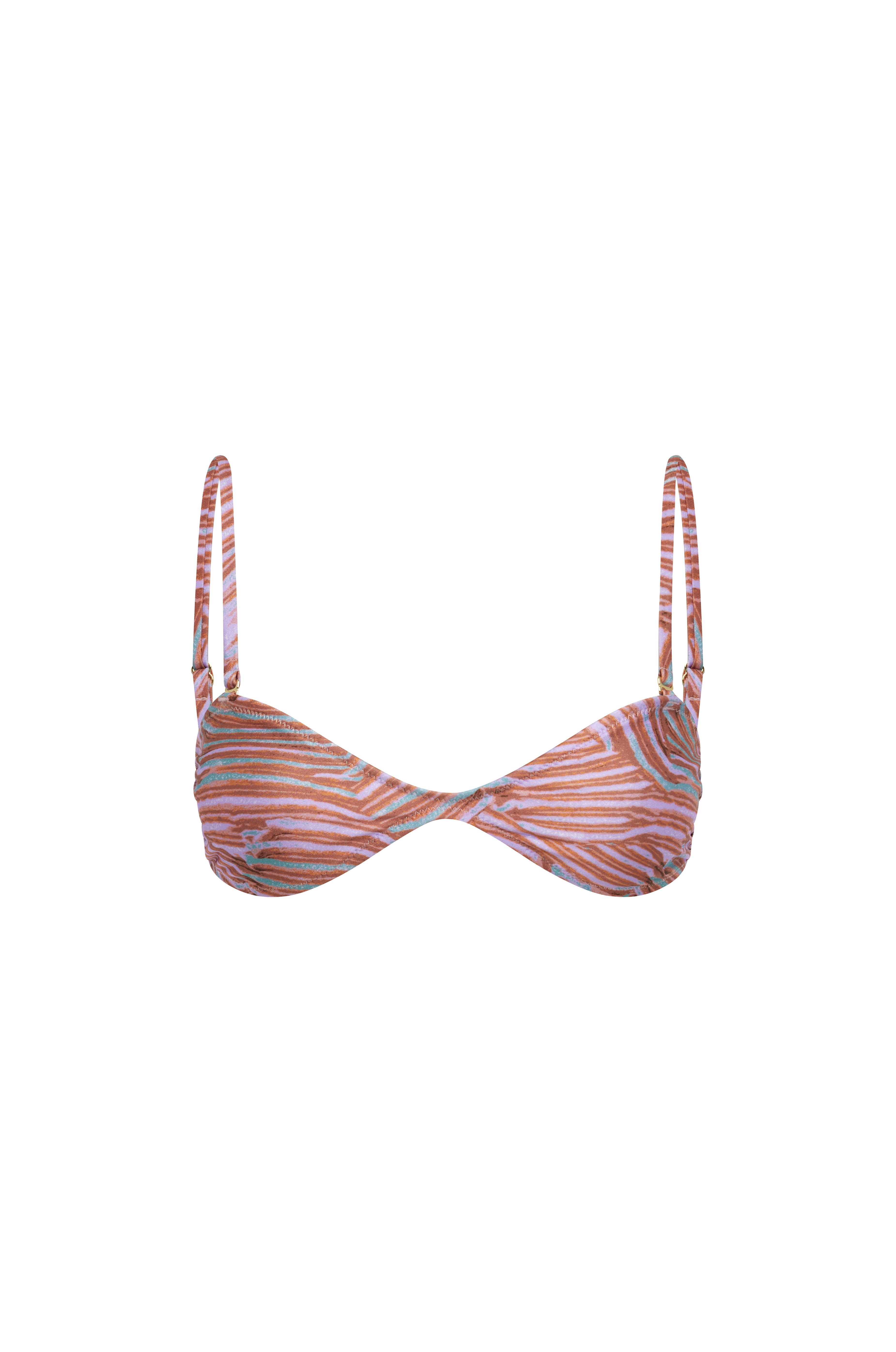 Coral print bikini top on a white background