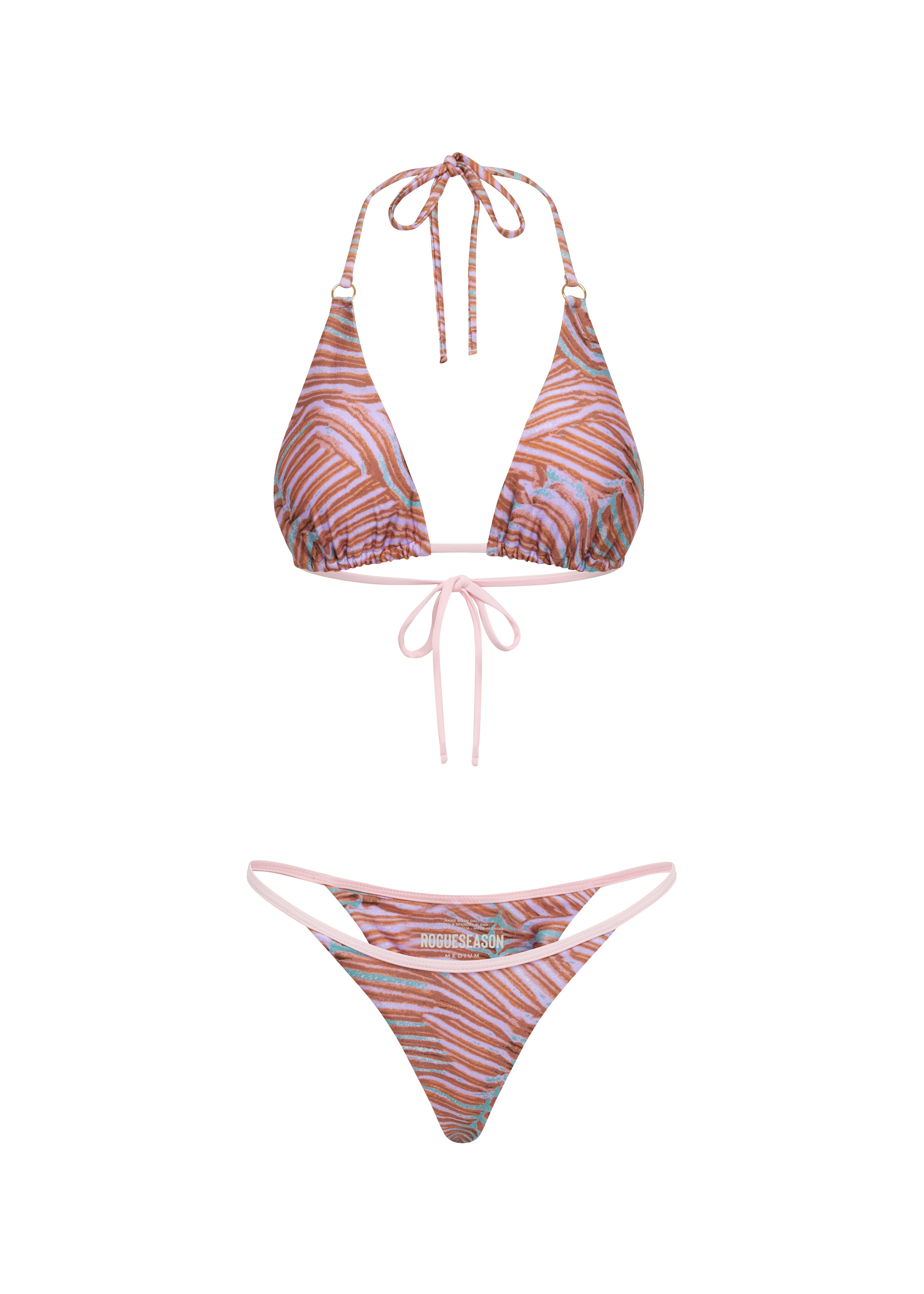 Coral print bikini set on a white background