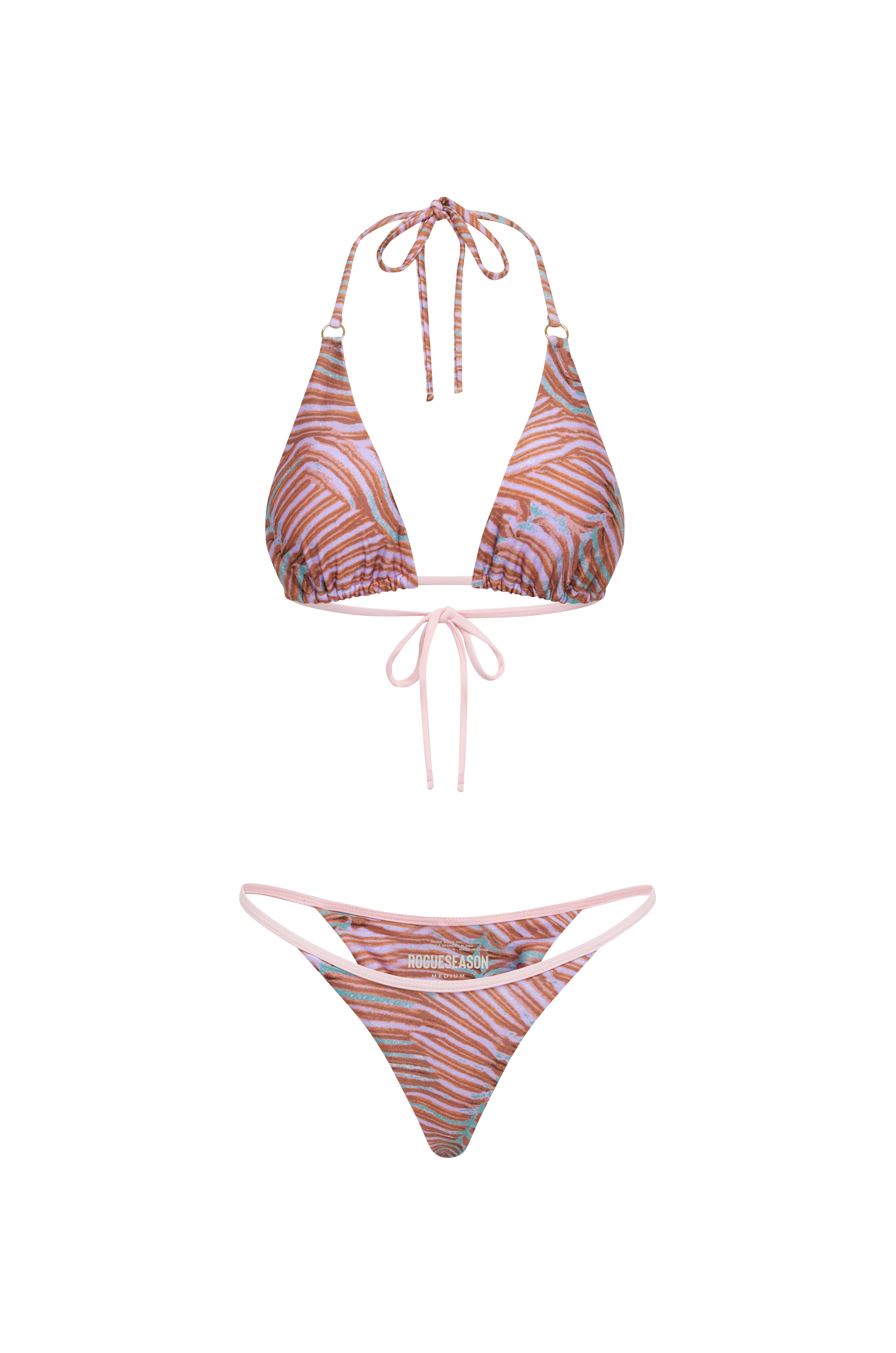 Coral print bikini set on a white background