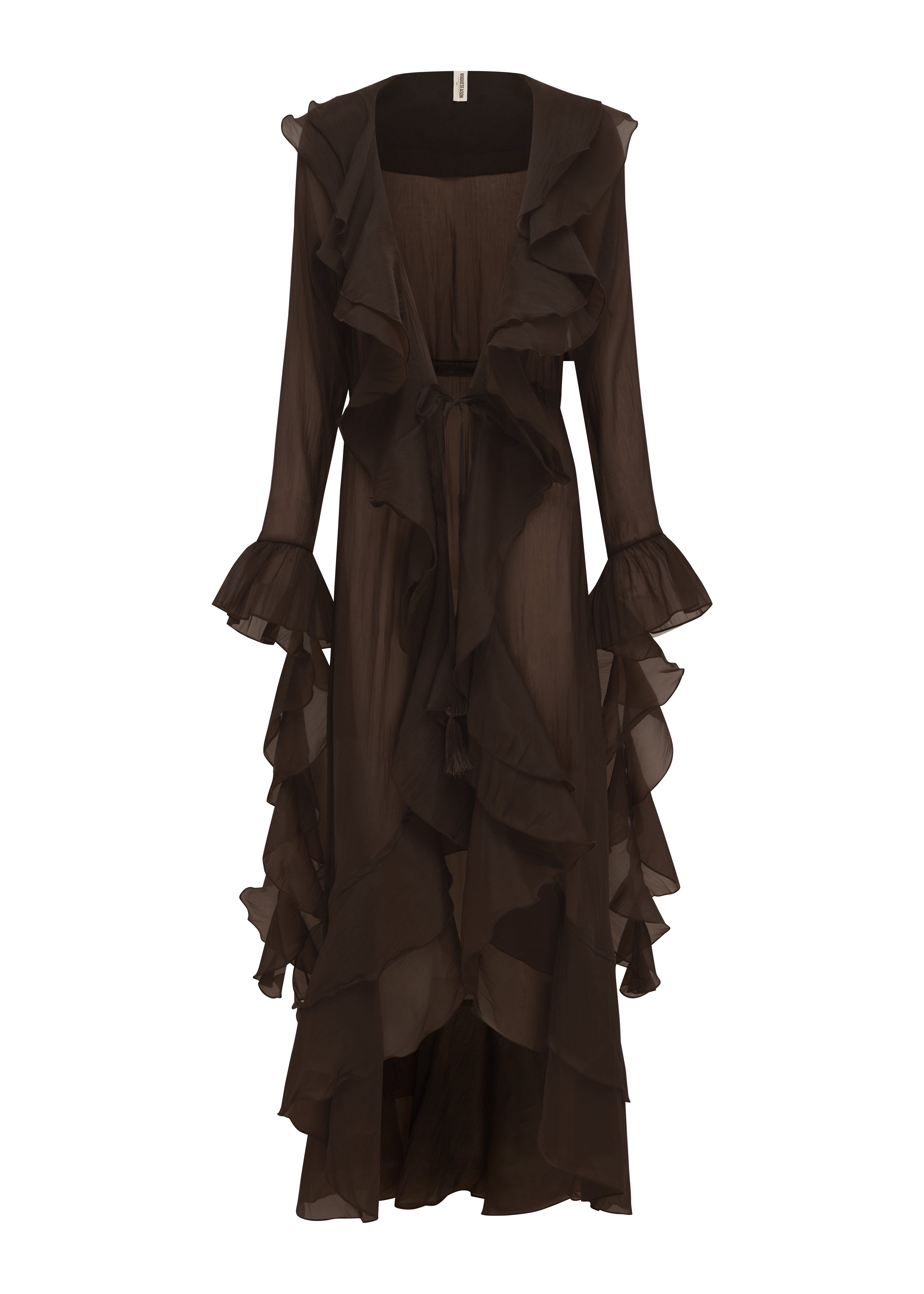 Brown ruffled beach robe on a white background.