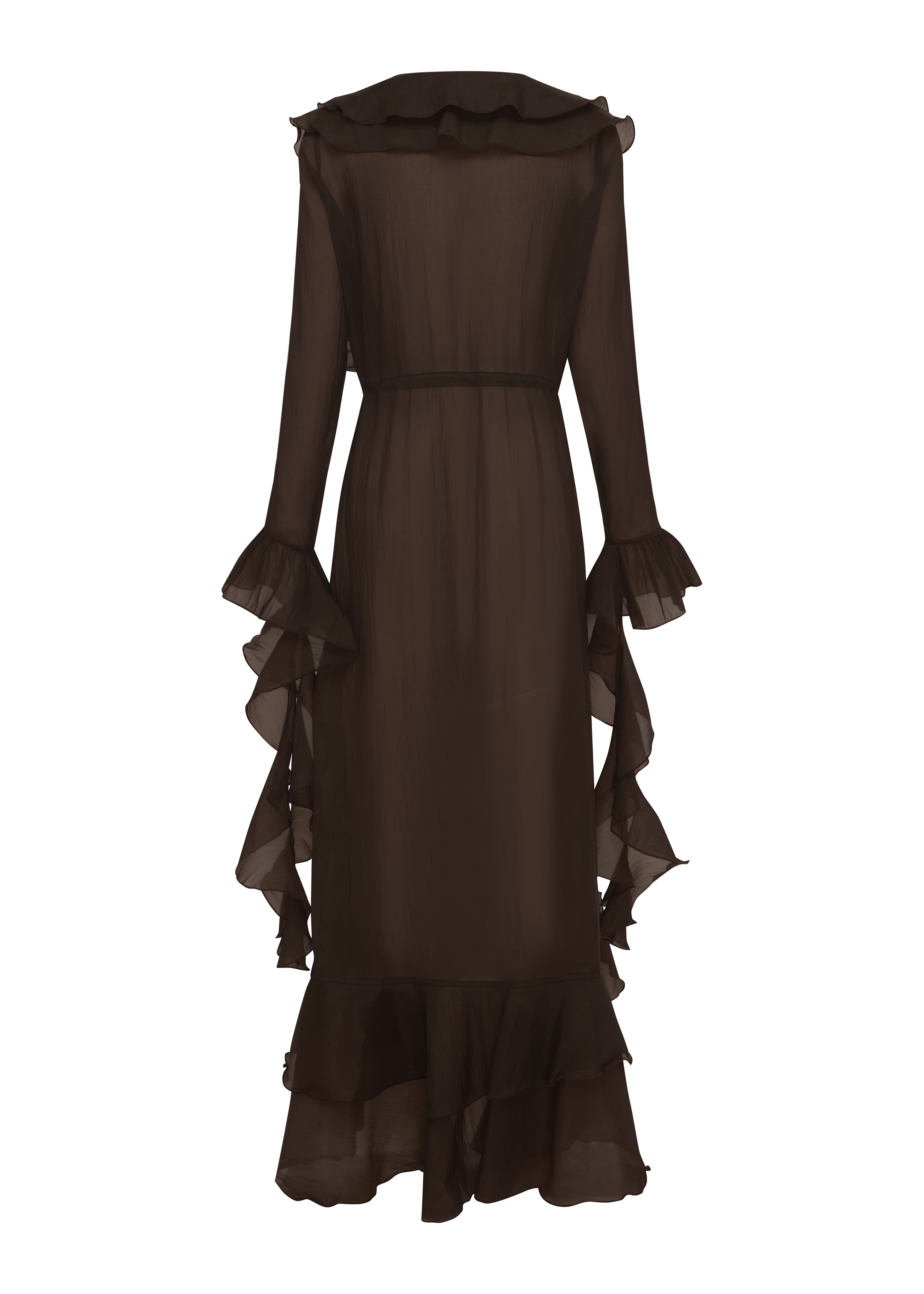 Back image of a brown ruffled beach robe on a white background.